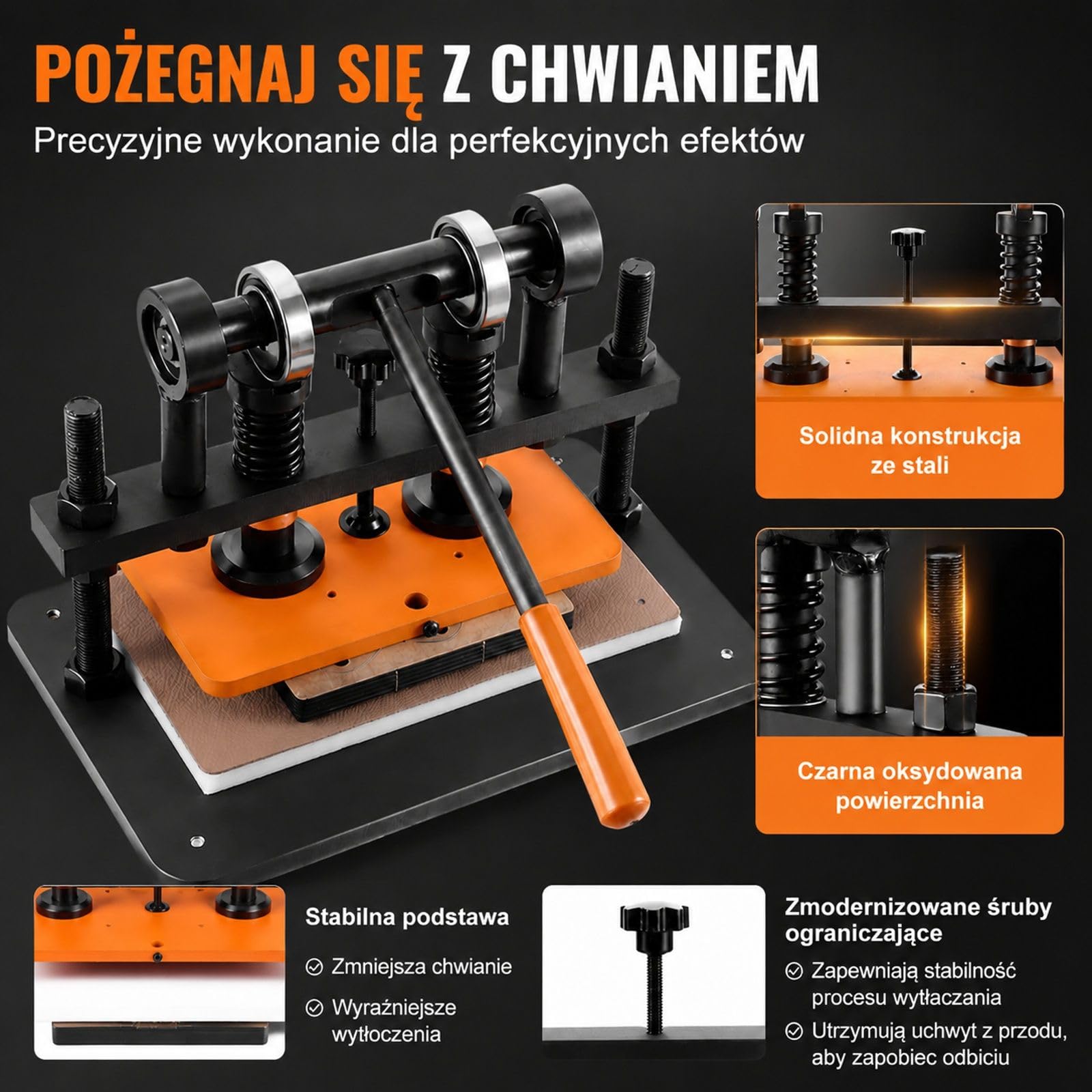 Ręczna prasa do dziurkowania skóry i tłoczenia, pianki PVC/EVA oraz materiałów nieprzylepnych, regulowany skok