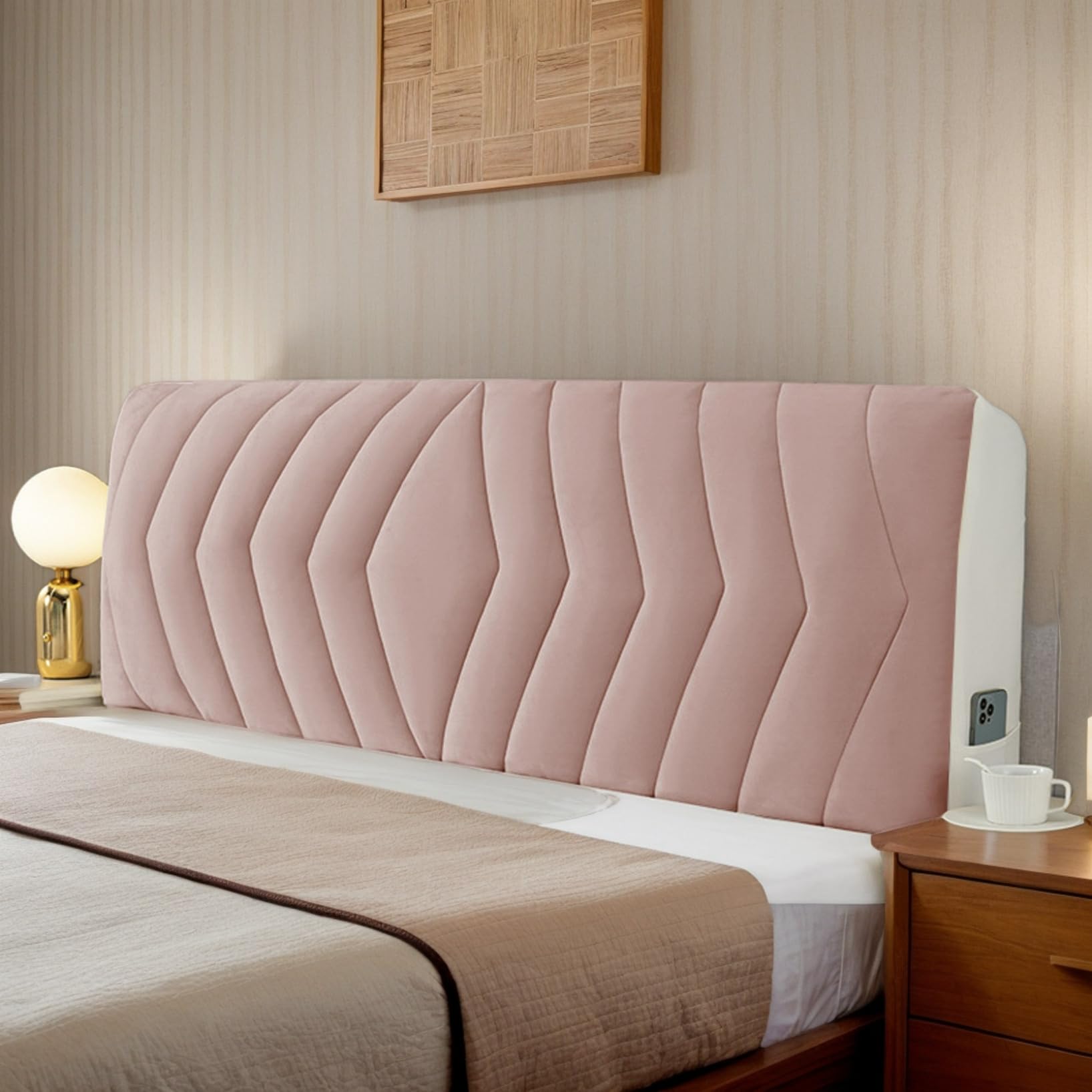 RICPYOIU Funda De Cabecera para Cama Individual Doble King Size Elástica Todo Incluido De Terciopelo con Relleno Espesado Decoración Moderna para Dormitorio,Rosado,150cm