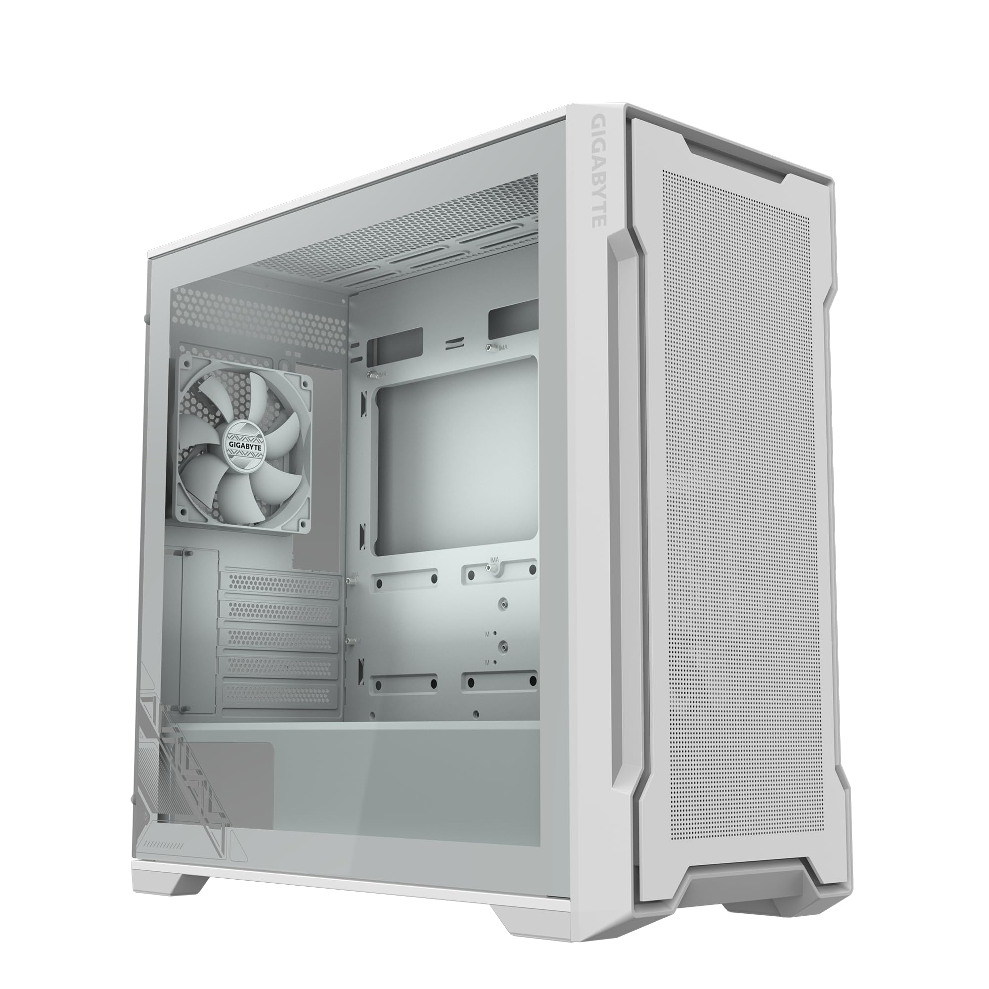 GIGABYTE C102 Glass Ice - Carcasa Blanca para Juegos de PC de Torre Media, Vidrio Templado, Cubierta de Fuente de alimentación, 2 Ventiladores de 120 mm (GB-C102GI)
