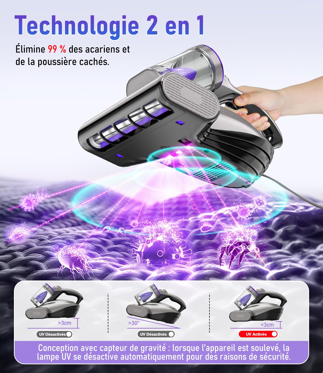 PEXCHO PM600 Aspirateur Anti Acariens avec lumière UV, 500 W, pour Les Personnes allergiques, élimine 99,9% des acariens, allergènes, Poils d'animaux des Matelas, Tapis et canapés