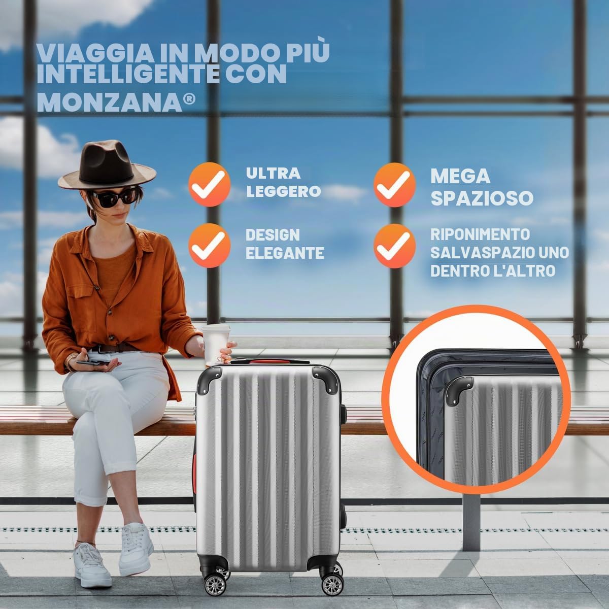 Monzana Valigie Set di 3 pezzi m l xl trolley valigie rigide leggere lucchetto bagaglio a mano viaggio grigio