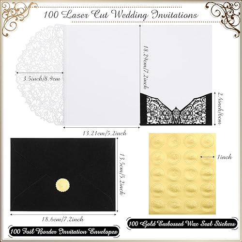 Miniatura 2 de Juego de 100 invitaciones de boda cortadas con láser de 5 x 7 con sobres y calcomanías de sello de cera, tarjetas de invitación de boda de bolsillo,