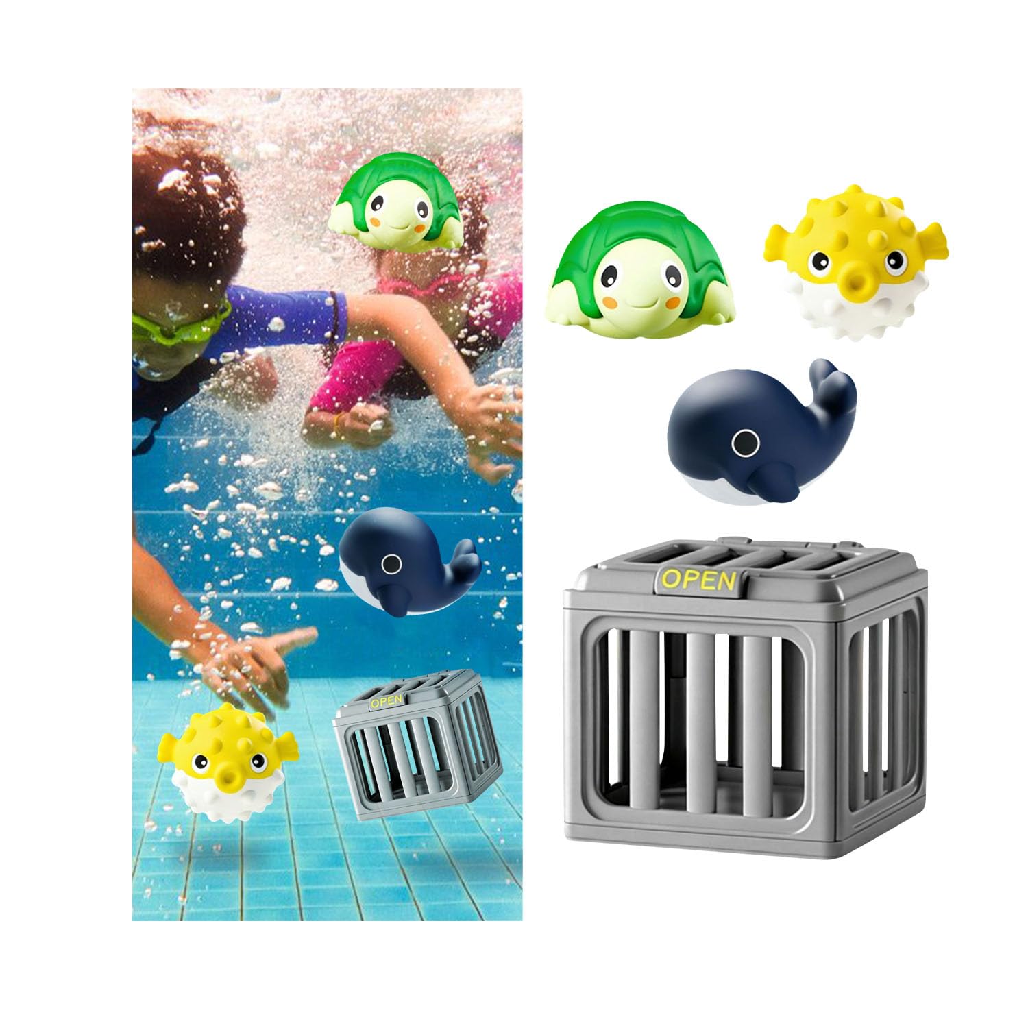 AUOQZ Pool Diving Cages Game Set with Animals Underwater Training Floating Sinking Cage Seek and Splash Pools Games Kit Sinkers Fun Summer Swimming Pool Party Gifts for Outdoor Beach Lake (3Pcs)
