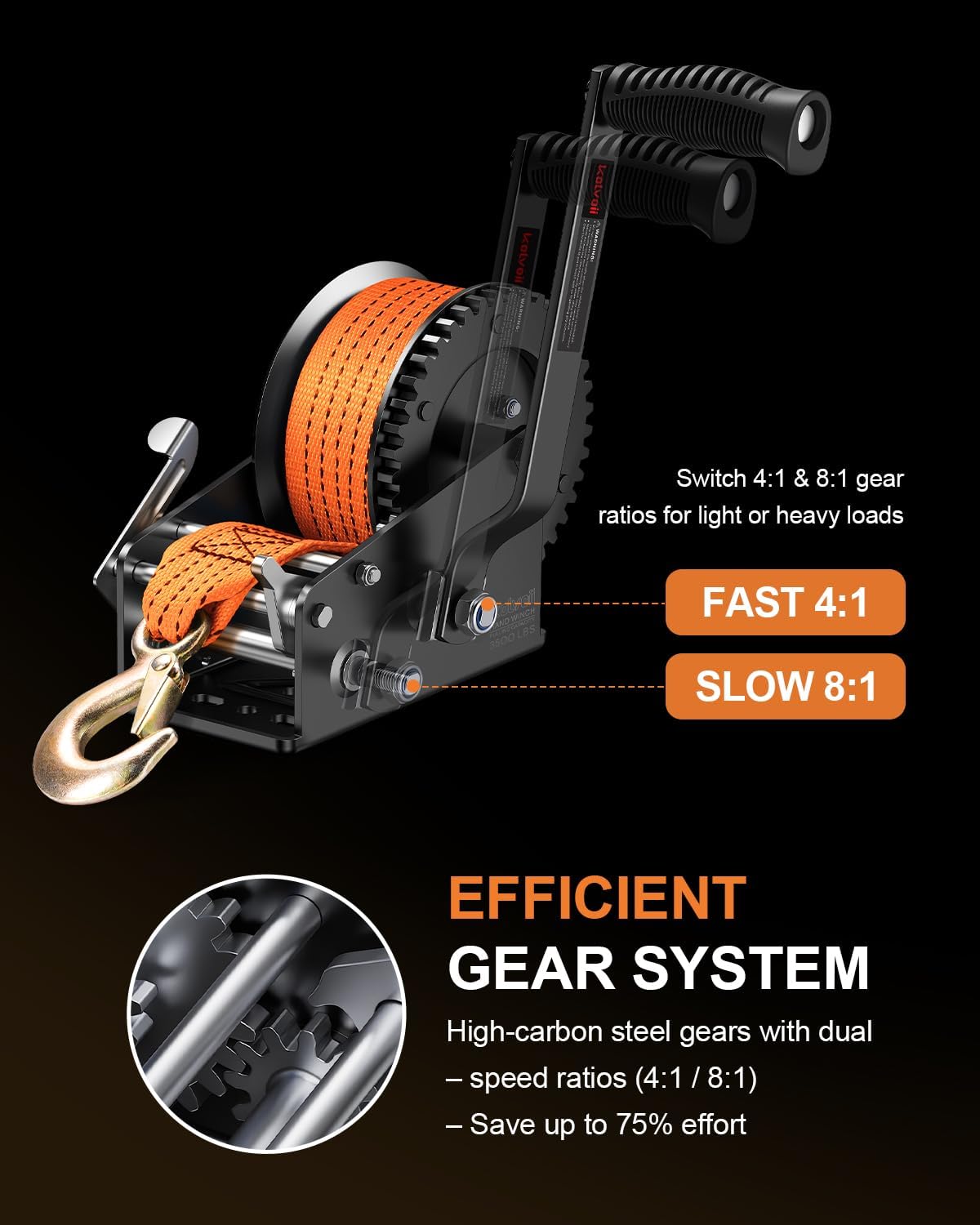 Kolvoii 3500 lbs Boat Trailer Winch with Strap, Heavy Duty Hand Winch, 2-Way Ratchet 4:1/8:1 Gear Ratio for Boat, Trailer, Marine and Jet Ski, 33FT Strap, Orange