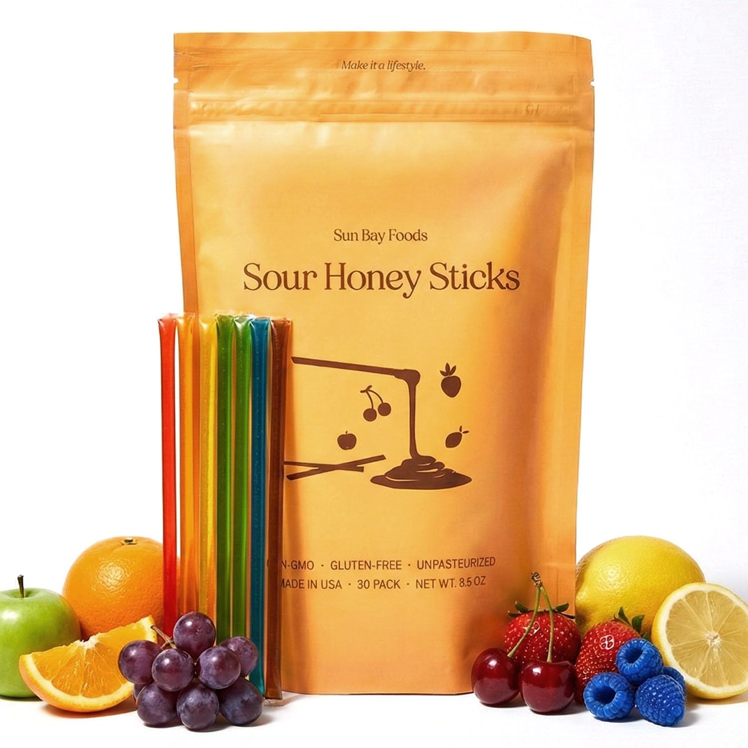 Sun Bay Foods Sour Honey Sticks Variety Pack (50 Count) - Made in USA Assorted Fruit Flavored Honey Straws for Tea & Kids - 7 Flavors including Blue Raspberry - Fun Party Snack