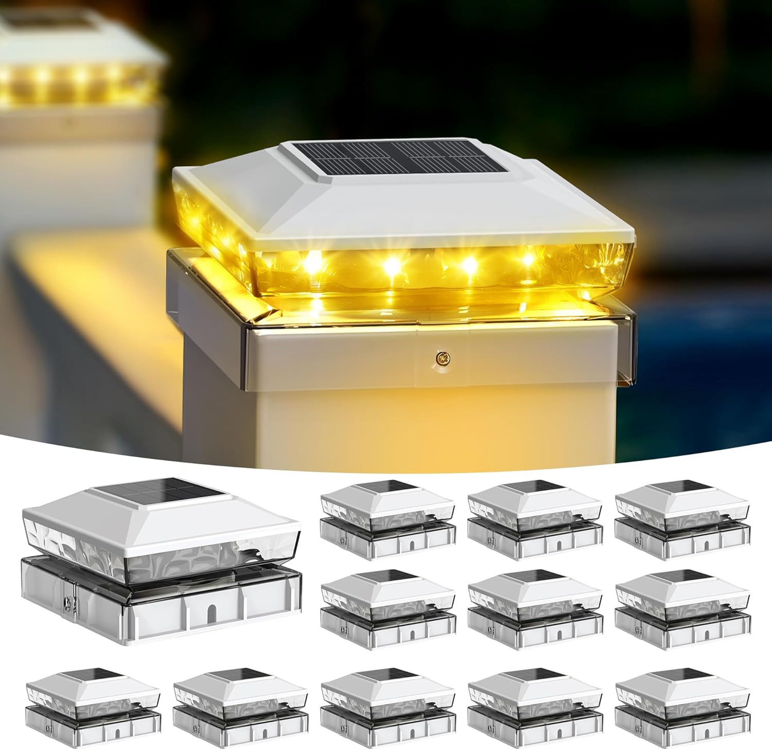 Photo 1 of  Solar Post Cap Lights, 12-Pack Upgraded Outdoor Deck Fence Post Solar Lights for 4x4 5x5 Wood/Vinyl Posts, IP65 Waterproof, 10-12 Hours Warm White Glow for Garden/Patio/Porch - White 