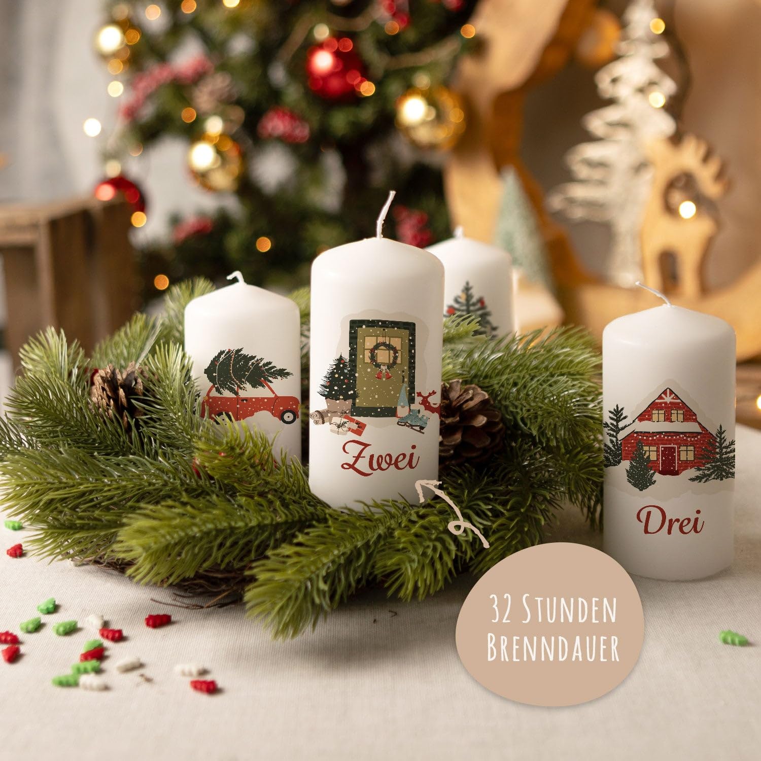 GRAVURZEILE Candele di Natale stampate – Avvento Animali Vintage – Piccole candele in set da 4 per la corona dell'Avvento, decorazione per Natale, regalo per lui e per lei, candela pilastro 120/58