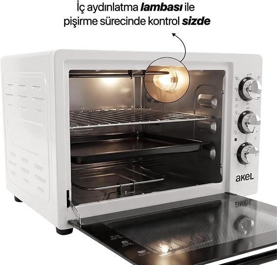 Akel AF340L 34 lt Beyaz Midi Fırın, İç aydınlatmalı, Zaman Ayarlı, Izgara ve Fırın, 2 Tepsi 1 Tel Izgara