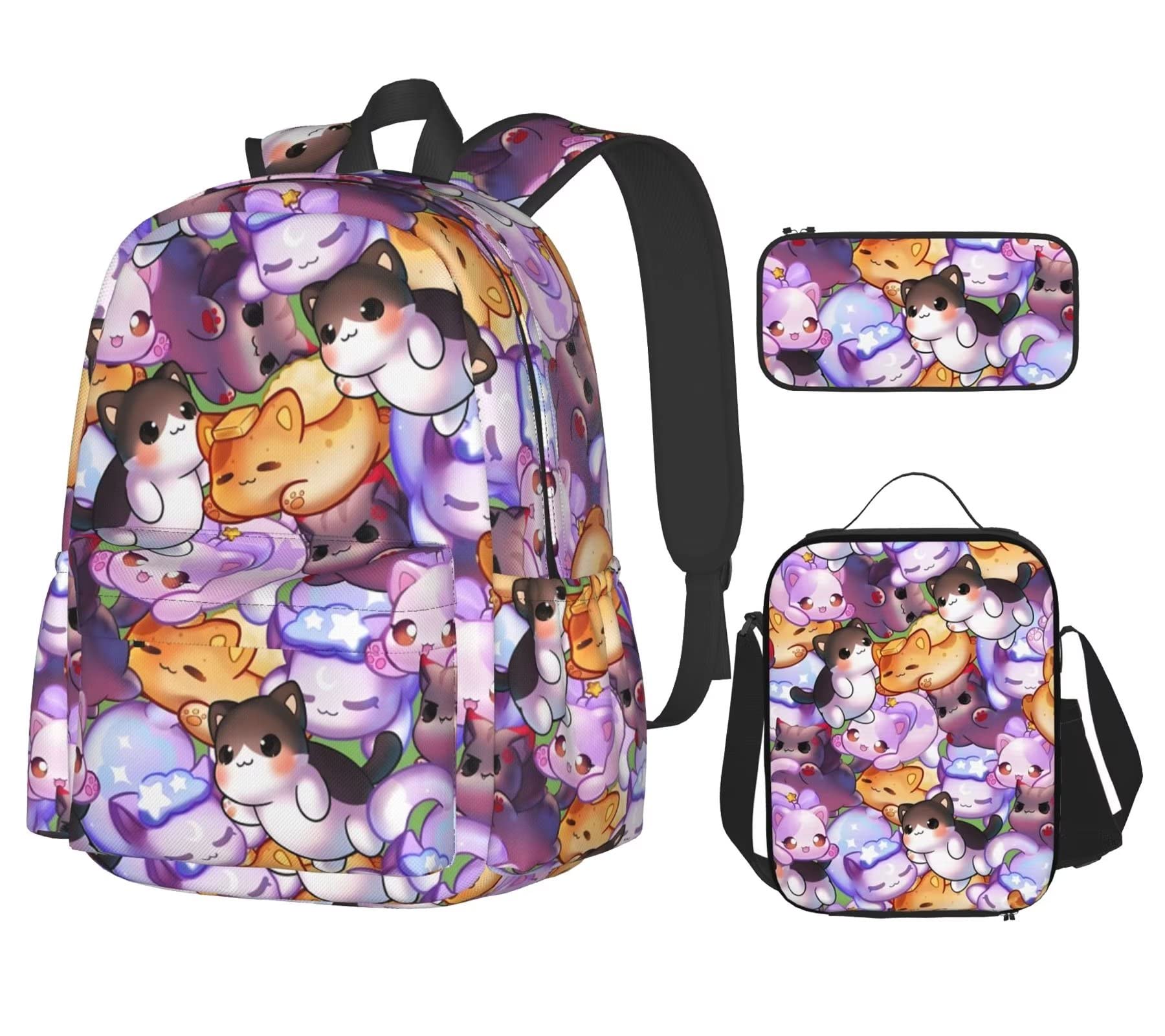KXOIYSD Purple Cartoon Cute Cat Backpack With Lunch Box Pencil Bag 3Set for Men Women