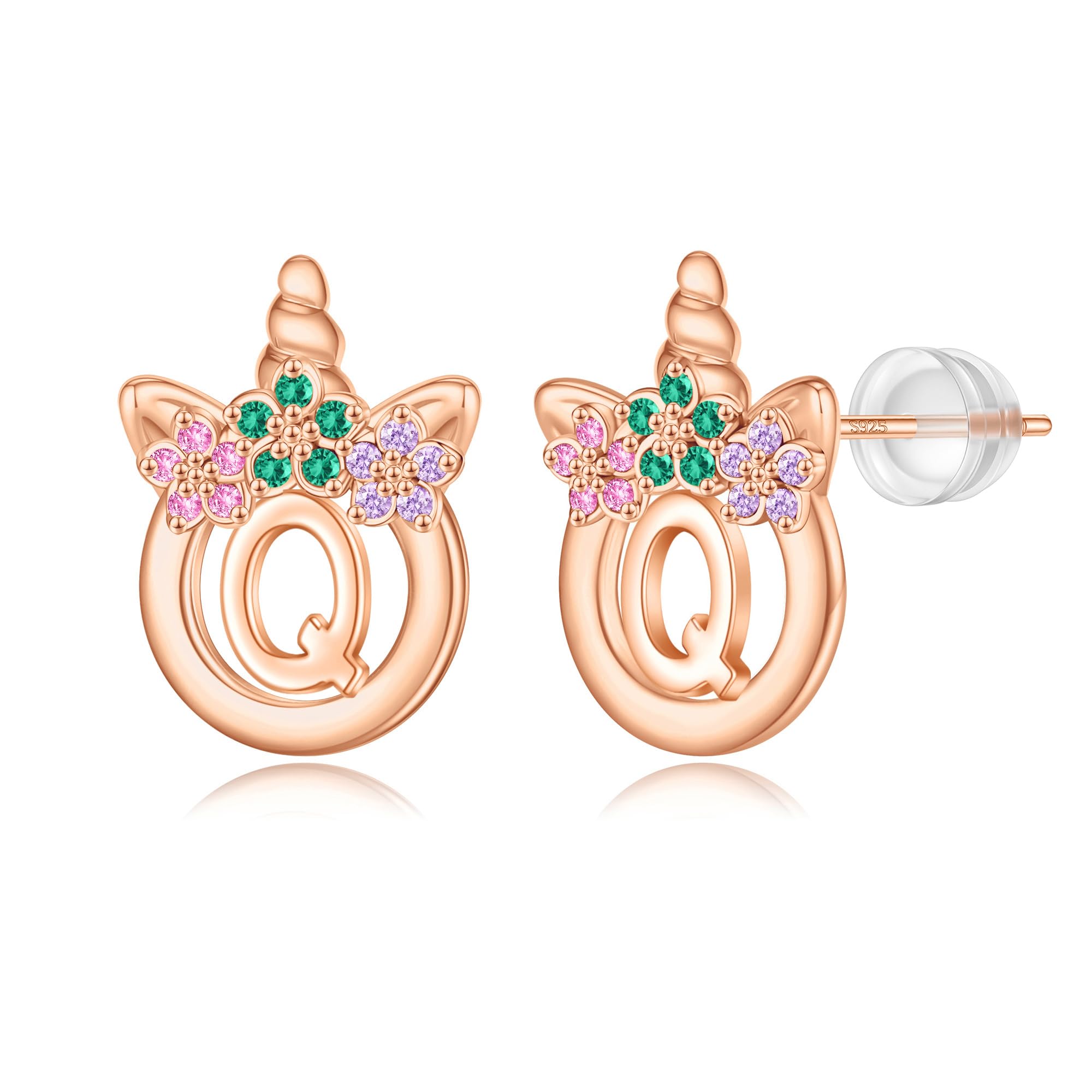 Unicorn Earrings Gifts for Girls - 925 Sterling Silver Stud Earrings Hypoallergenic Initial Unicorn Earring for Girls Kids Jewelry CZ Birthday Gifts