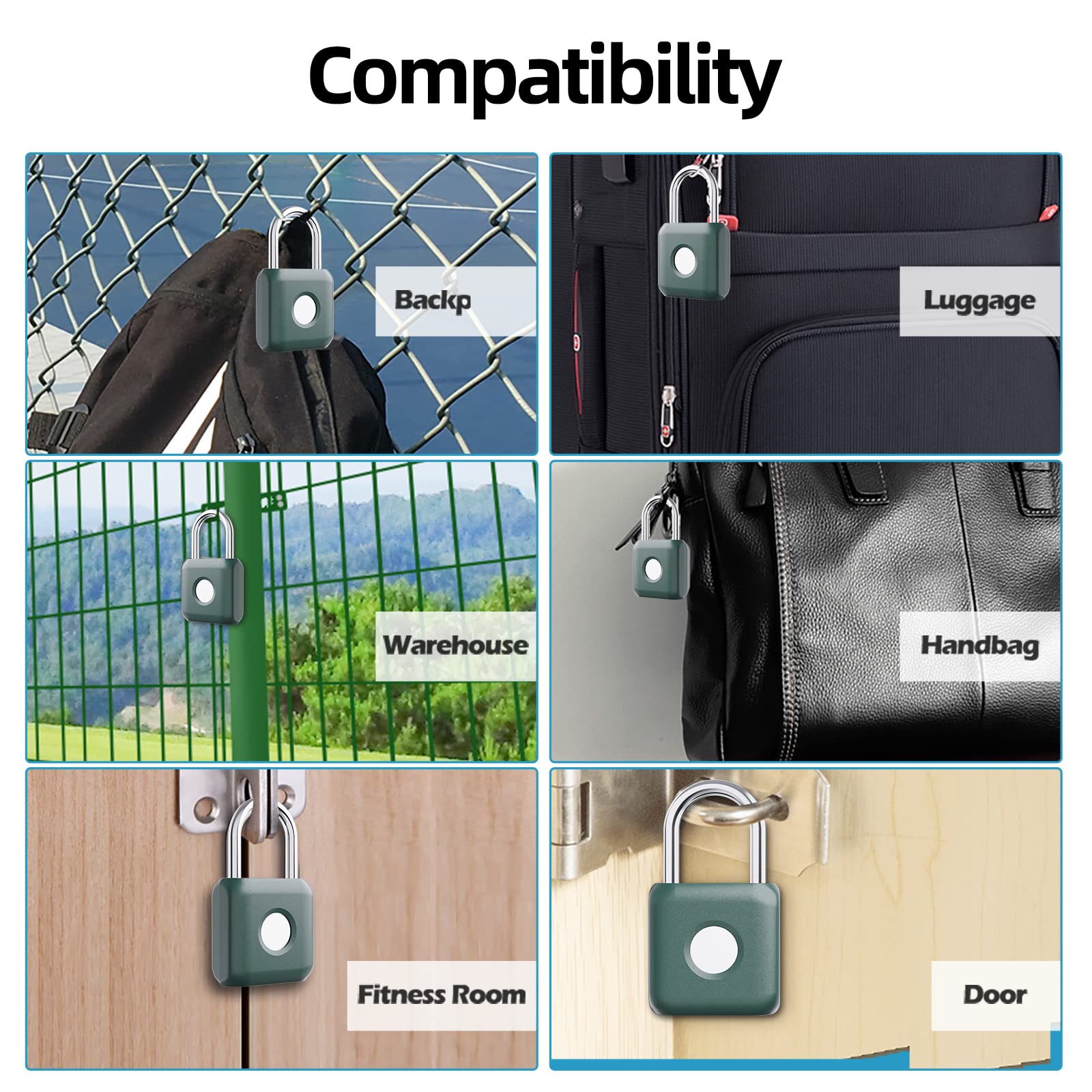 Pothunder Fingerprint Padlock, Smart Padlock, Locker Lock, Biometric Metal Keyless Fingerprint Lock, Waterproof, USB Rechargeable, for Gym Locker, School Locker, Luggage, Backpack, Suitcase(Green)