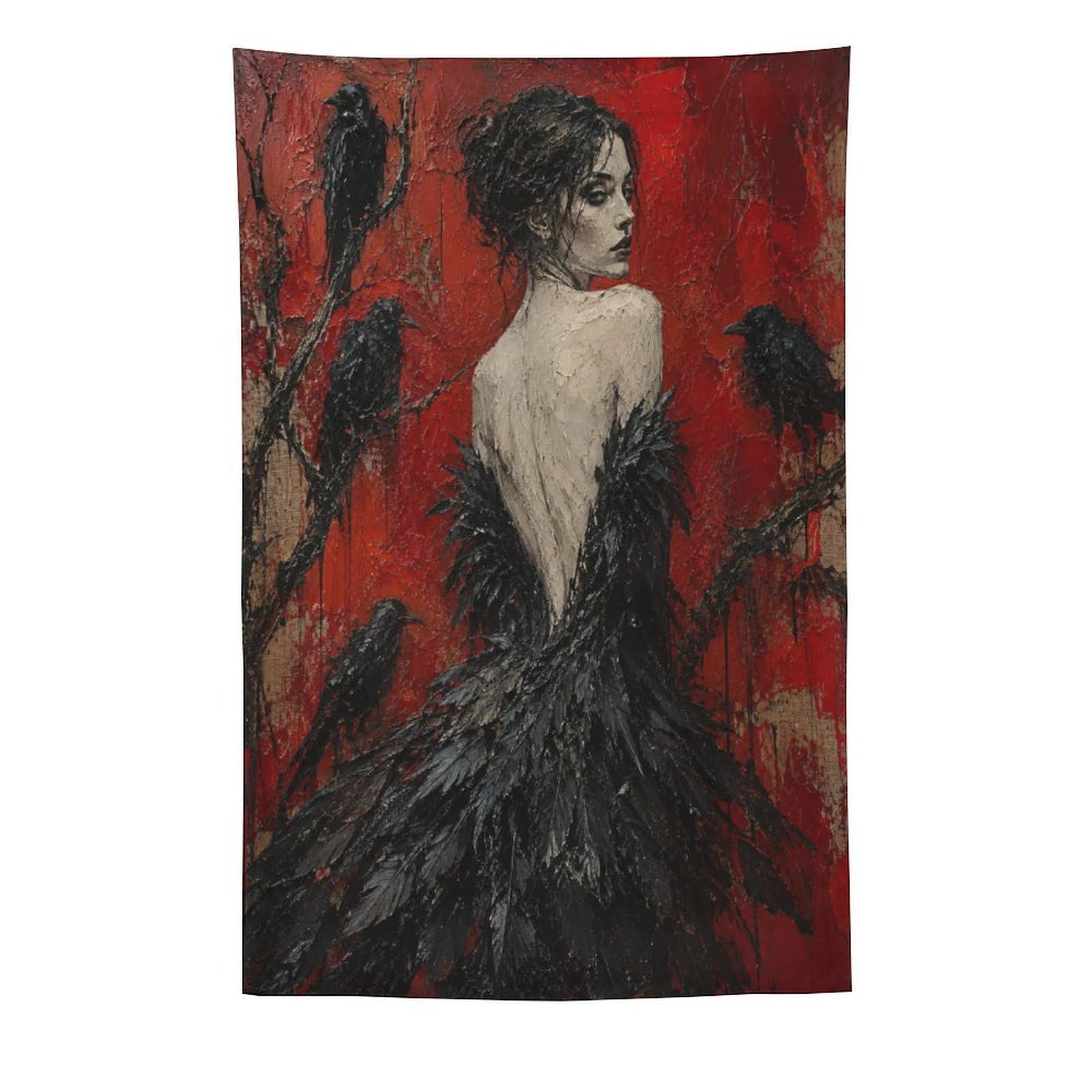 H3B8U2Y5 Raven Woman with Black Feather Dress Wall Tapestry, Gothic Oil