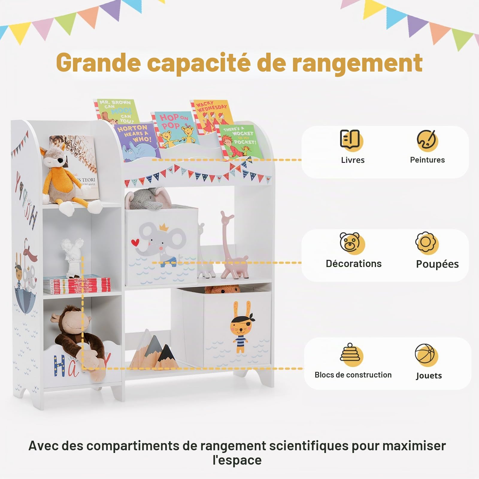 HOMASIS Étagère pour enfant à 3 étages, sur pied, pour jouets, livres, organisateur de jouets, avec 5 compartiments et 2 boîtes de rangement (animaux pirates)