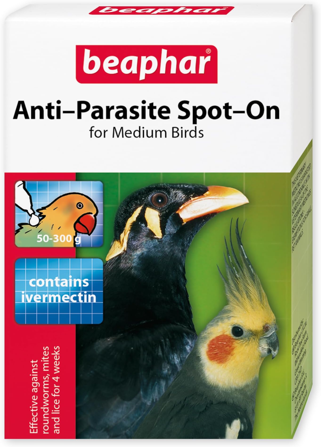 Beaphar - Anti-Parasite Spot-On for Medium Birds - Kills Roundworms, Feather Lice & Mites, Red Mites, Air Sac Mites & Mange Mites - Vet Strength - For Medium Birds 50-300g e.g. Parakeets - 2 pipettes