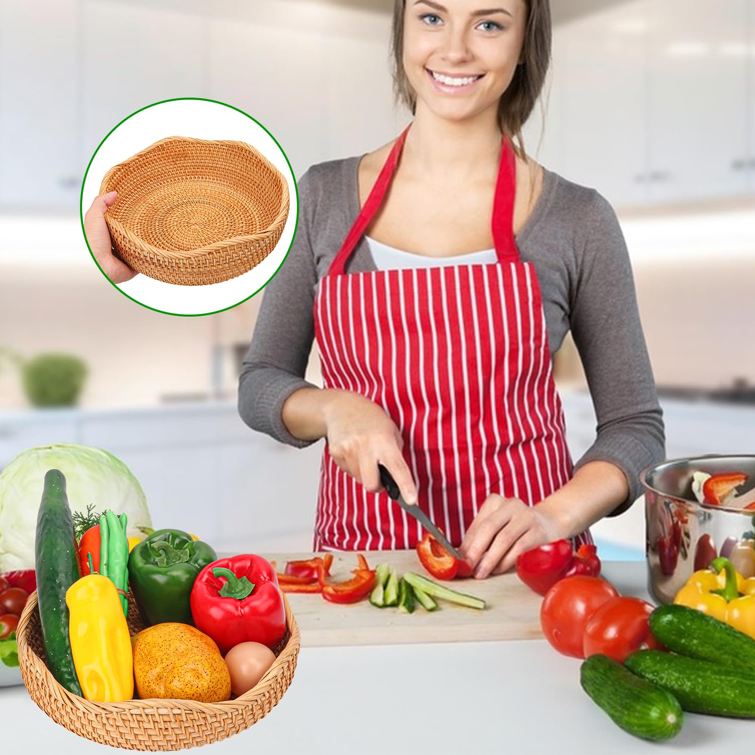 Cestas de pan de ratán hechas a mano, auténticas cestas de servir tejidas a mano para cocina, cuencos redondos de almacenamiento de frutas, elegante organizador de encimera de cocina para