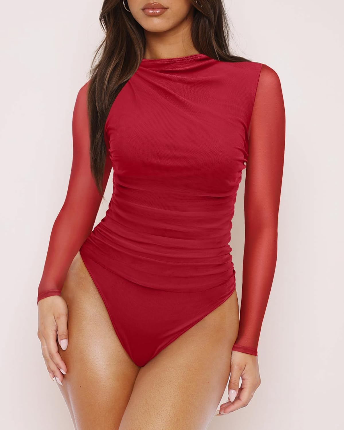 Saslax Women's Mesh Bodysuit - Long Sleeve Sheer Mock Neck Ruched Thong Top, Sexy Club & Date Night Outfit - Image 2