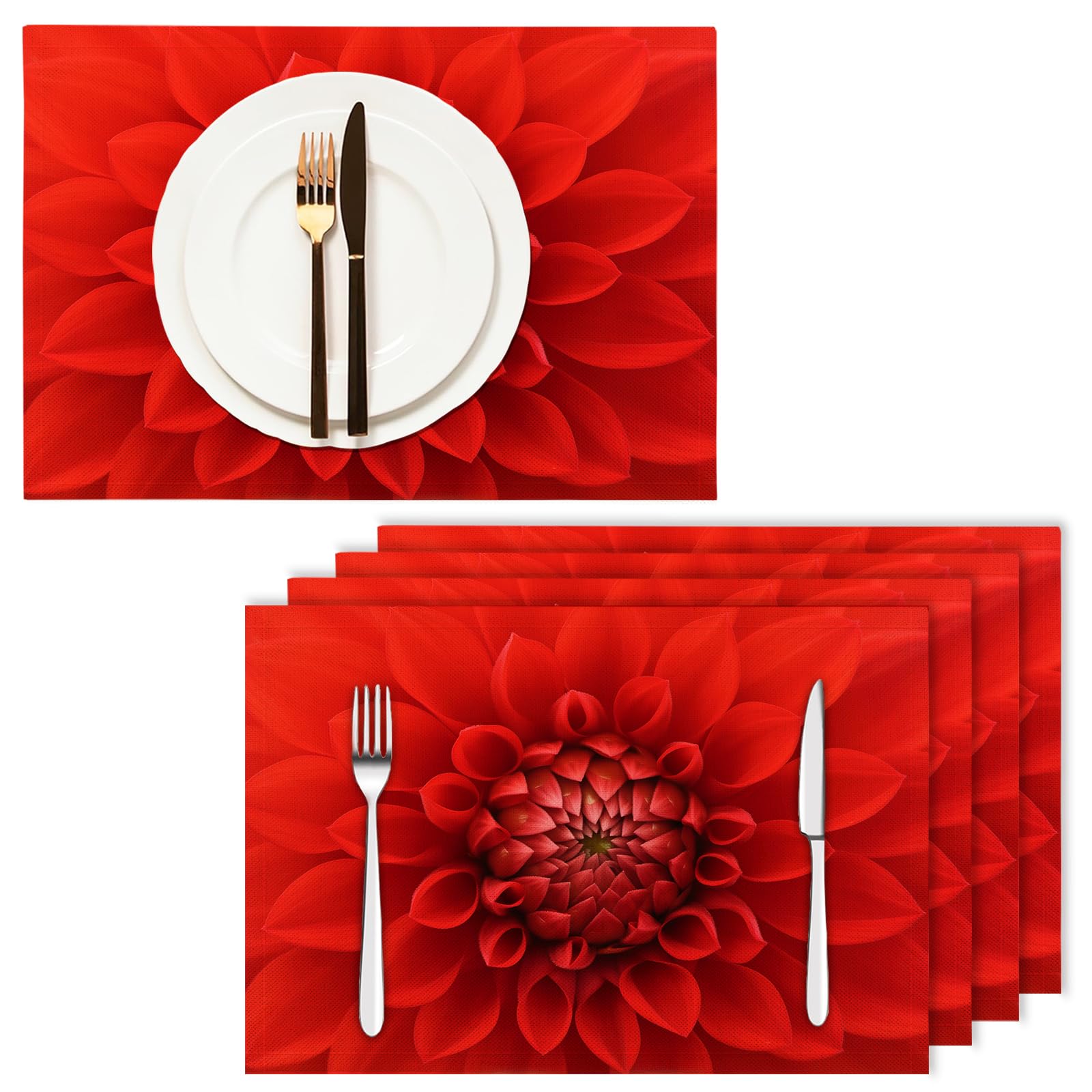 Set di 8 Tovagliette Americane Lavabili Cotone Lino Arte - Tovaglietta Americana Resistenti al Calore Durevole Petali di dalia rossa - per Colazione Pranzo 30×45 cm