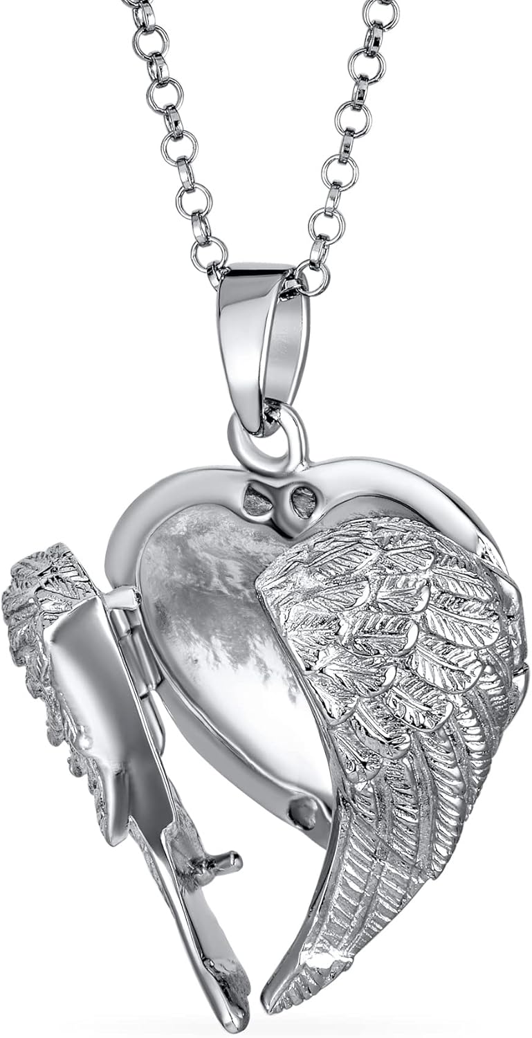 Bling Jewelry Personalize Plain Dome Protection Guardian Angel Wing Feathered Heart Shaped Keepsake Locket For Women Teens Holds Photos Pictures .925 Silver Necklace Pendant Customizable - Image 2