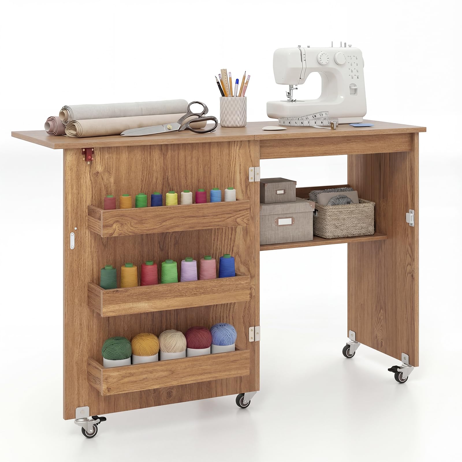 GIANTEX Nähtisch klappbar, Nähmaschinentisch auf Rollen, Nähtisch für Nähmaschine, Nähschrank Holz, Mehrzwecktisch für Wohnzimmer Arbeitszimmer Schlafzimmer (Eiche)
