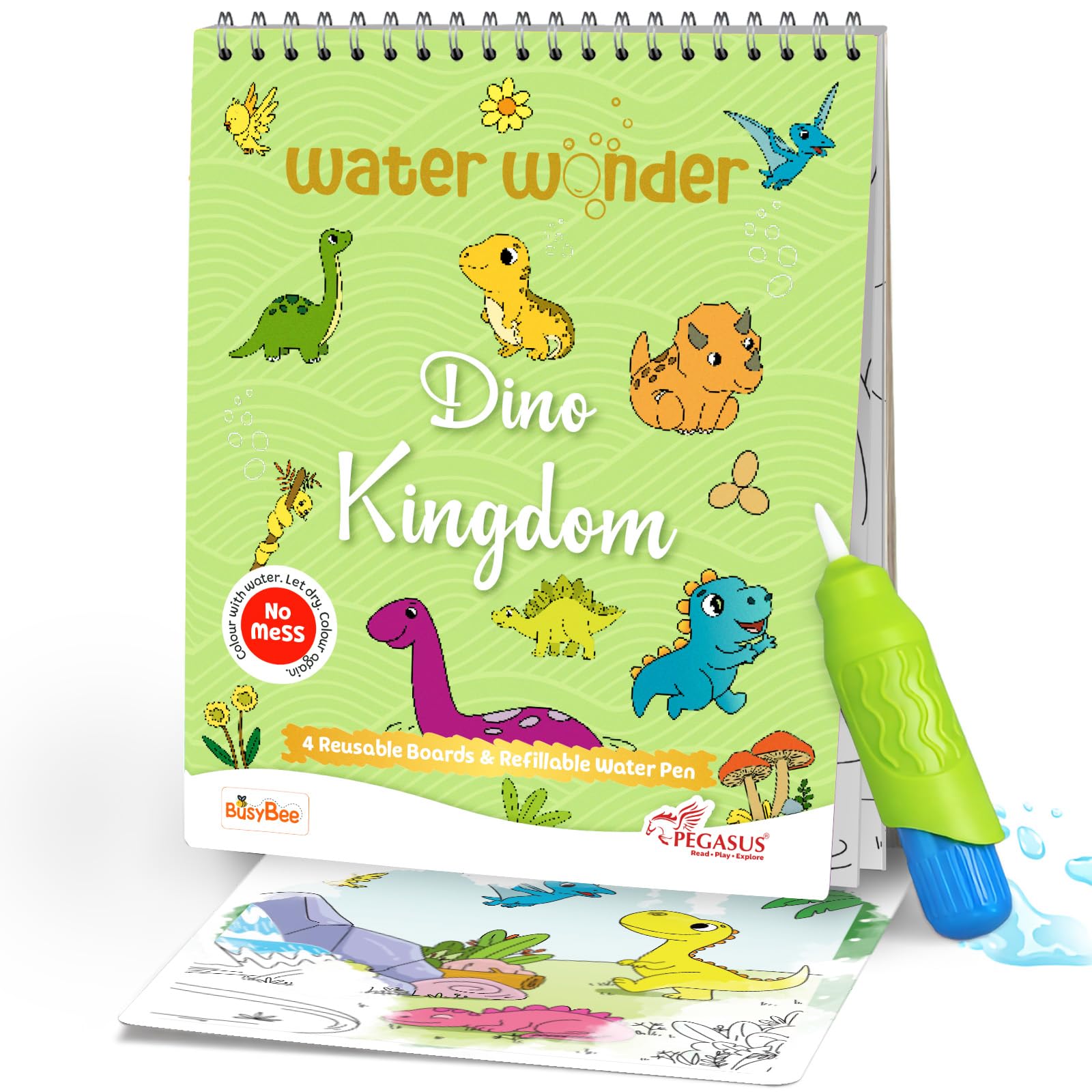 Reusable Magic Water Coloring Book For Kids, Educational Fun Time for Kids, Mess-Free Art with Quick Dry Technology (Dinosaurs Theme | 4 Reusable Coloring & Activity Boards | 1 Refillable Water Pen)
