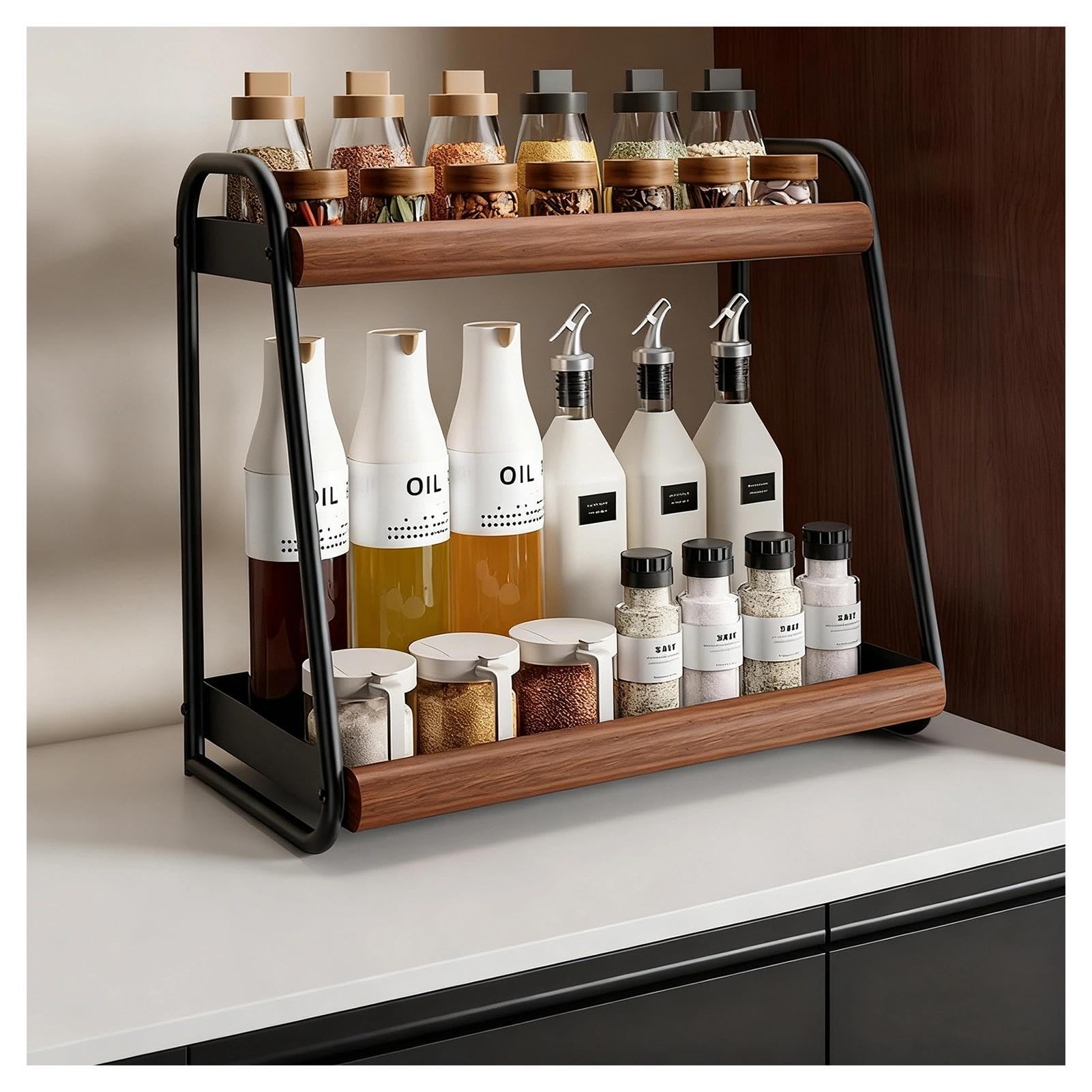 HADECOLL Vintage 2-Tier Spice Rack, Countertop Storage Organizer, Carbon Steel And Wood Stand For Sugar, Salt, Pepper And Oil Bottles,Black-19.7in