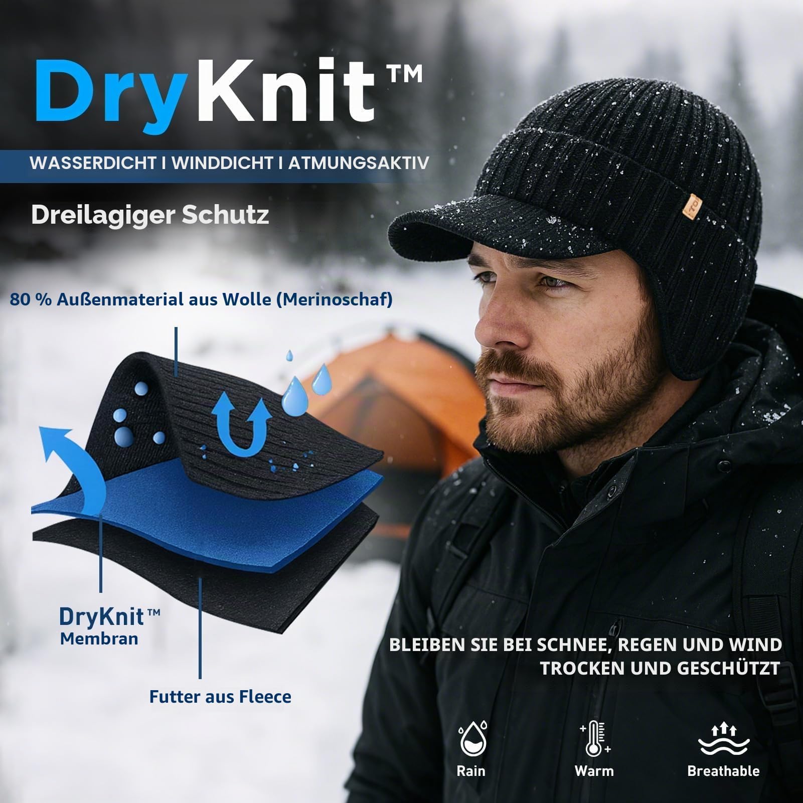 TOP-EX DryKnit Wasserdichte 80% Merinowolle, Schirmmütze für Herren, mit Ohrenklappen & Fleece gefüttert, Winter-Thermo-Golfvisier, Beanie-Mütze für kaltes Wetter, M-XXL