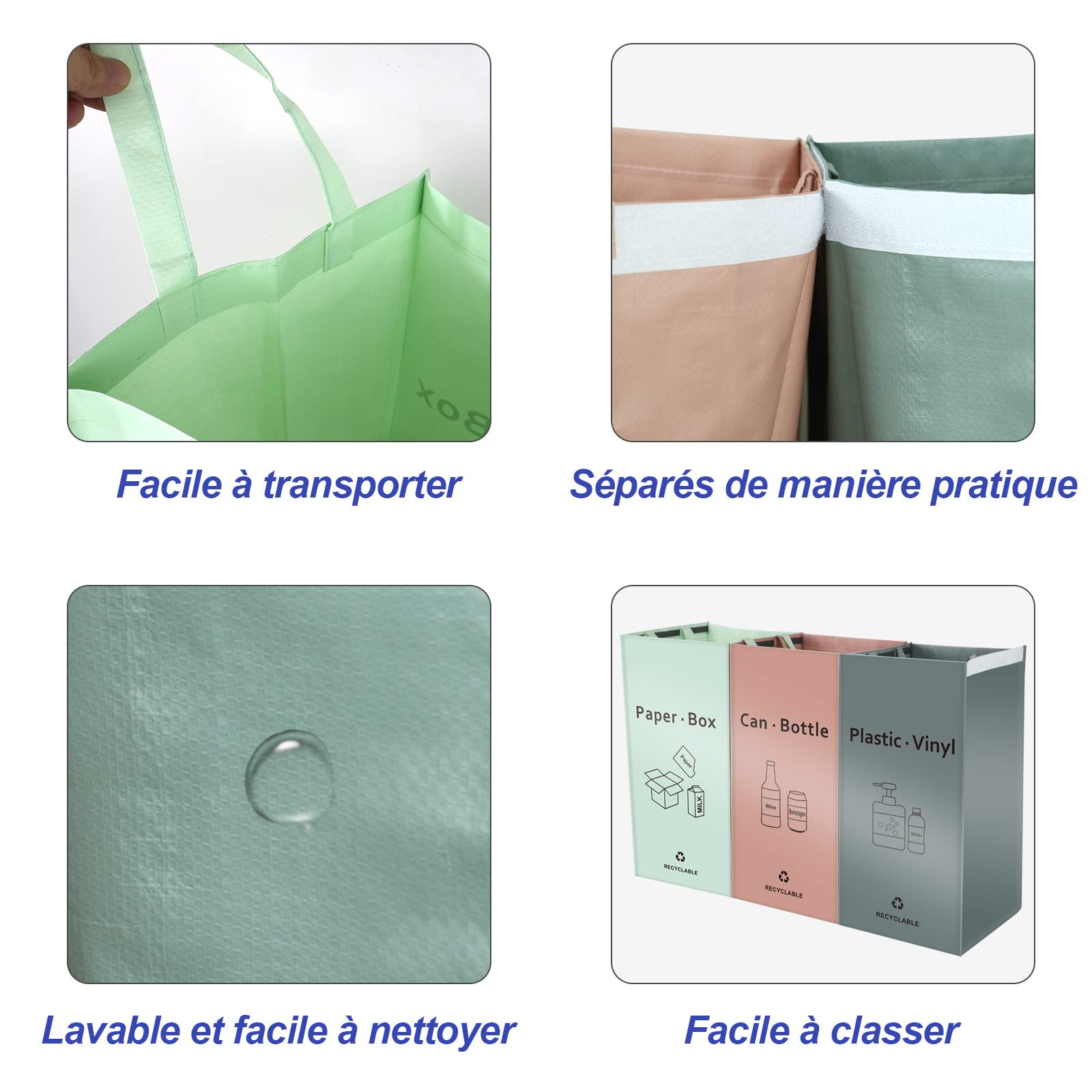 BOMEI PACK Lot de 3 Bacs de Déchets Trieur à Déchets pour Recyclage Rose Gris Vert Poubelle Extérieur Intérieur Papier Verre Plastique