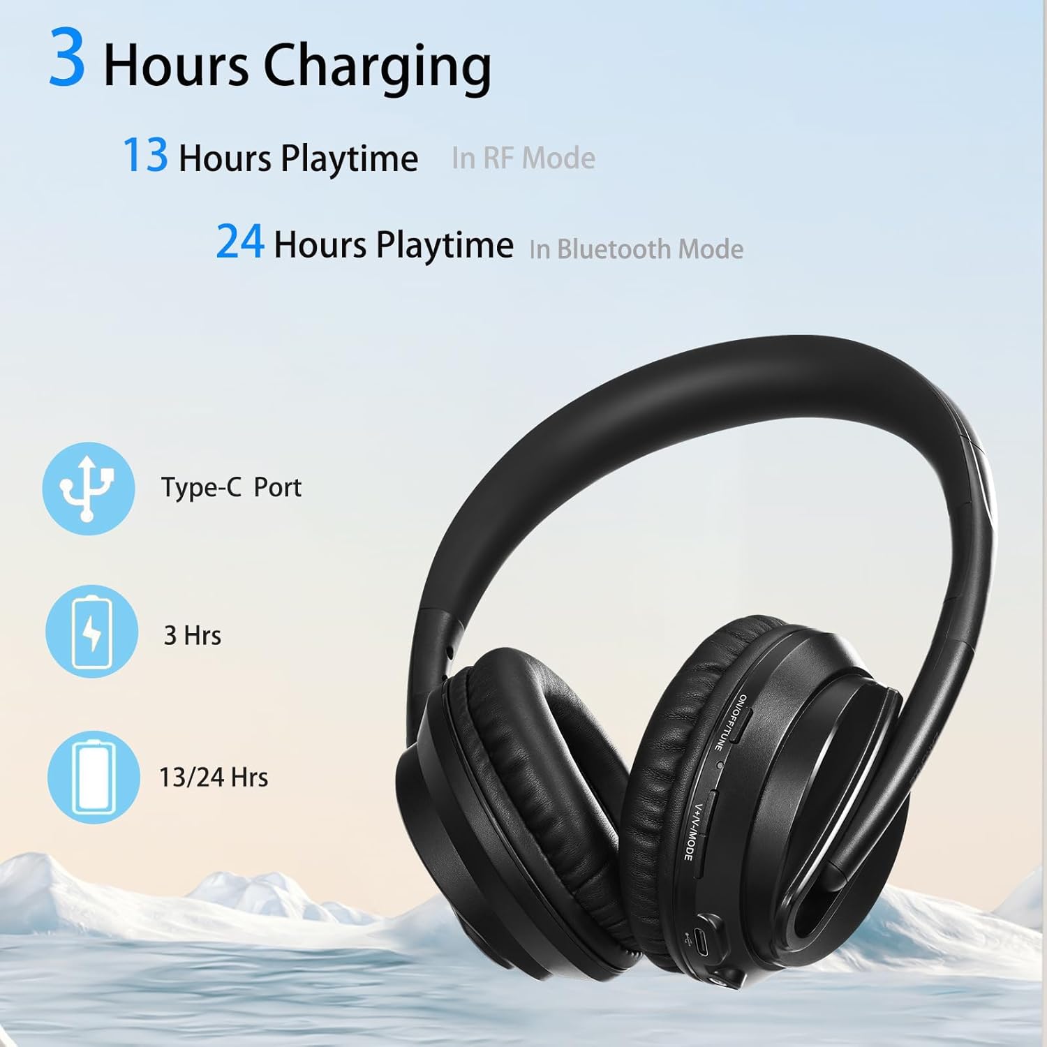 Wireless Headphones for TV Watching with RF Transmitter Headset Stand, Over Ear TV Watching Headsets Wireless Bluetooth Headphones for TV Listening, No Audio Delay, 330ft Long Range, Black - Image 6