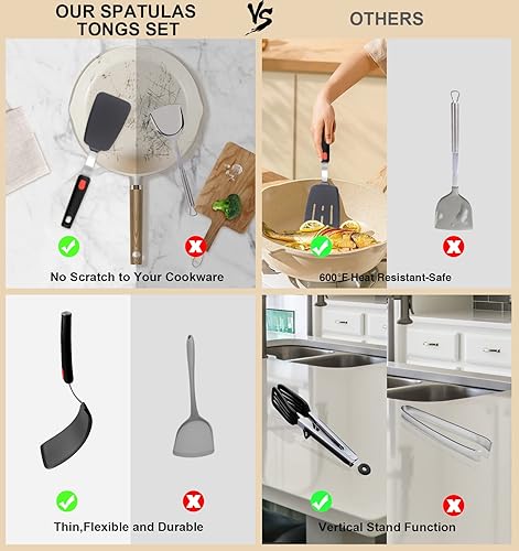 Miniatura 6 de Juego de 4 espátulas de silicona flexible y pinzas para alimentos de cocina con puntas de silicona, resistente al calor de 600 F, ideal para voltear