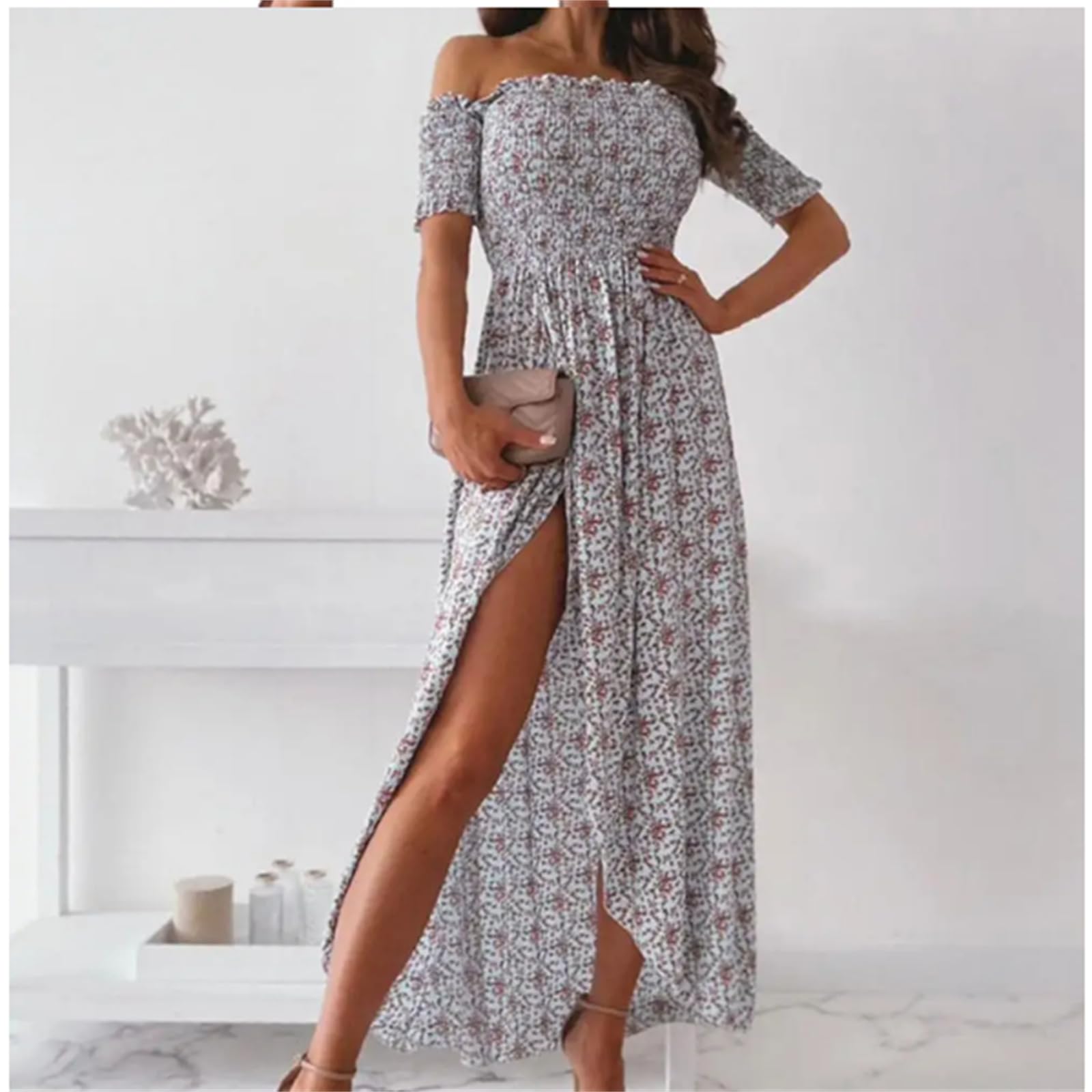 Vestidos Grandes para Mujeres Vestidos Casuales sin Tirantes de Hombro en Verano Flores de Playa Vestidos de Sol Largos con Volantes Huecos Vestidos Sexy Ahumados, HUTALIM, Azul claro, m