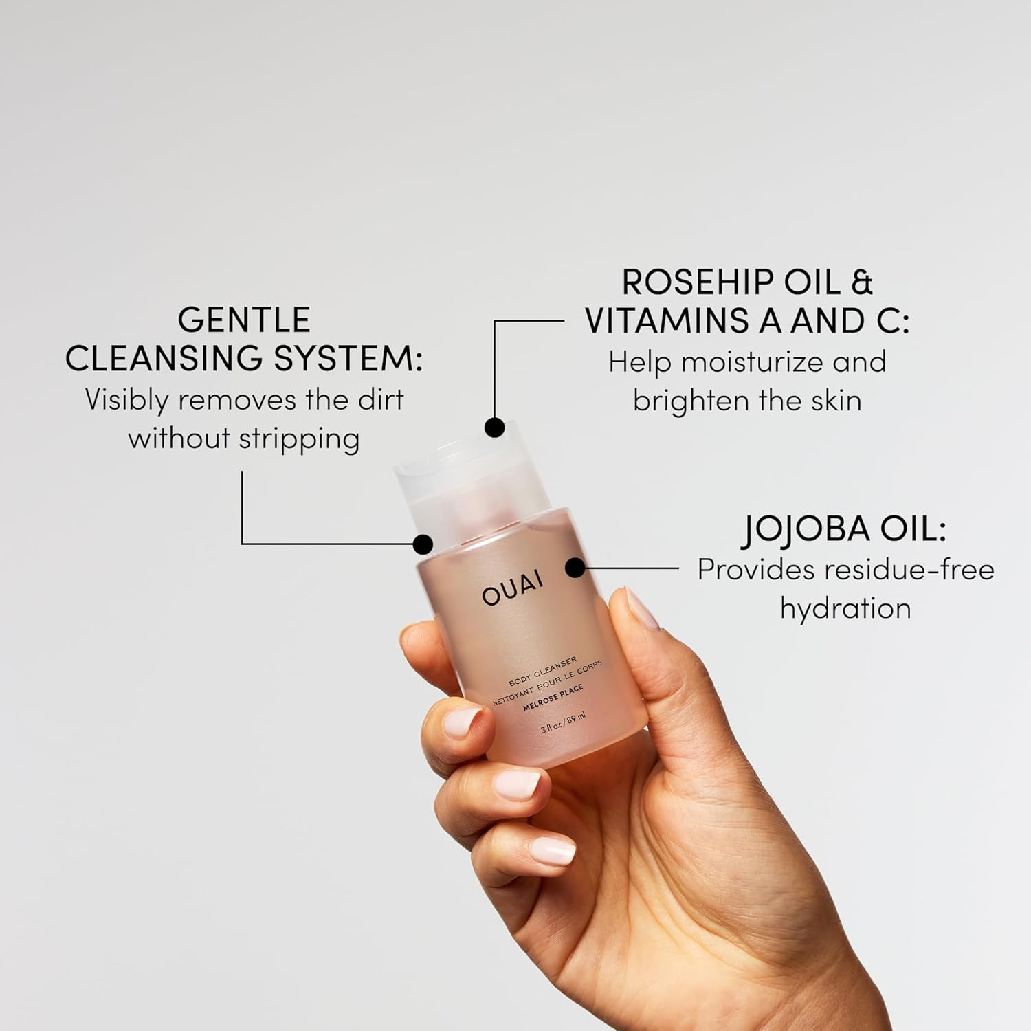 OUAI Body Cleanser Travel Size, Melrose Place - Foaming Body Wash with Jojoba Oil & Rosehip Oil to Hydrate, Balance & Soften Skin - Paraben, Phthalate, Sulfate Free Skin Care Products (3 Fl Oz) - Image 3