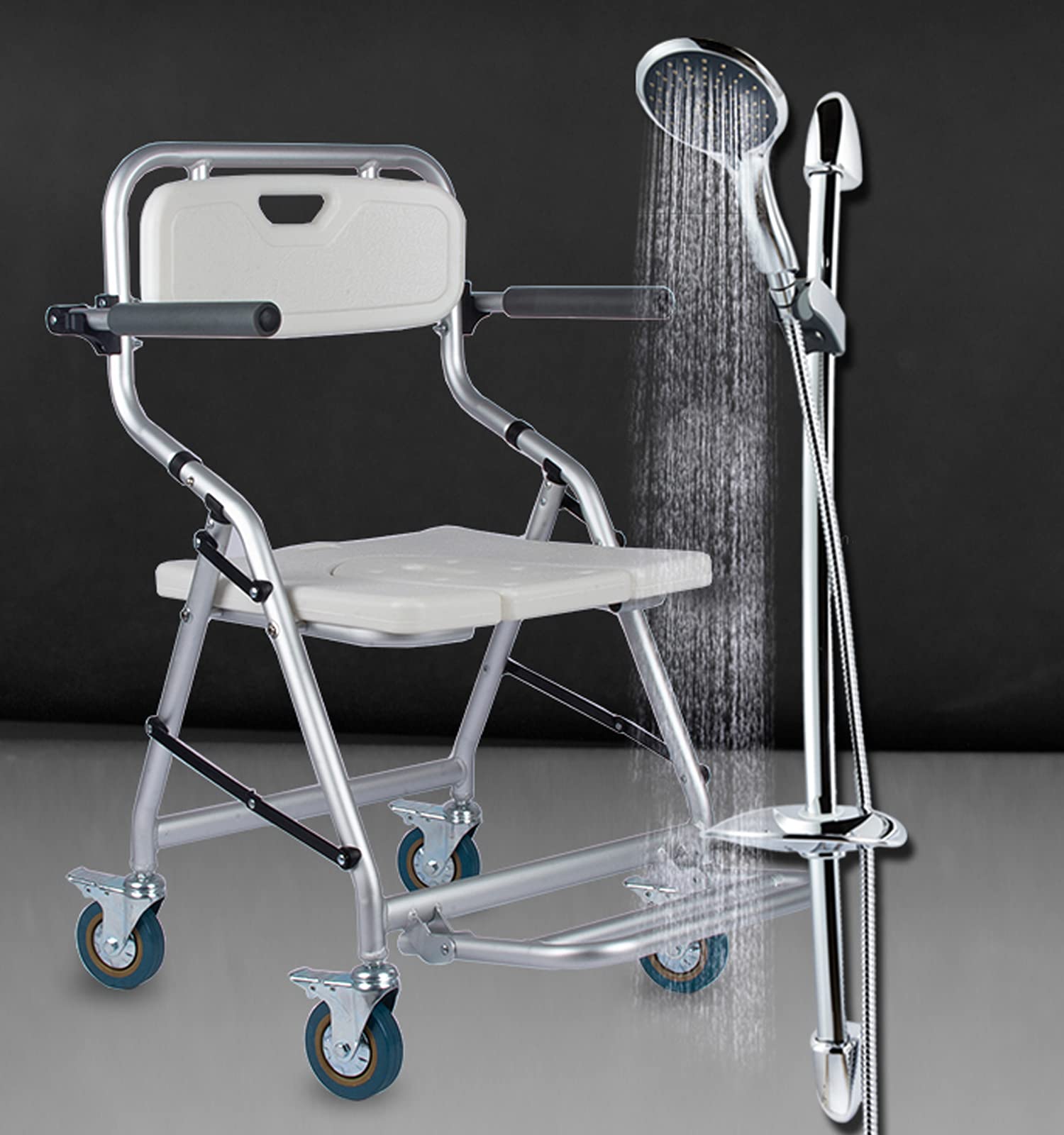 Taburete Ducha Plegable para Mayores, Silla Ducha WC con Ruedas y Pedal Plegable, Silla de Ducha con Inodoro, Carga Máxima 120 Kg, Reducir la Actividad para Evitar Lesiones
