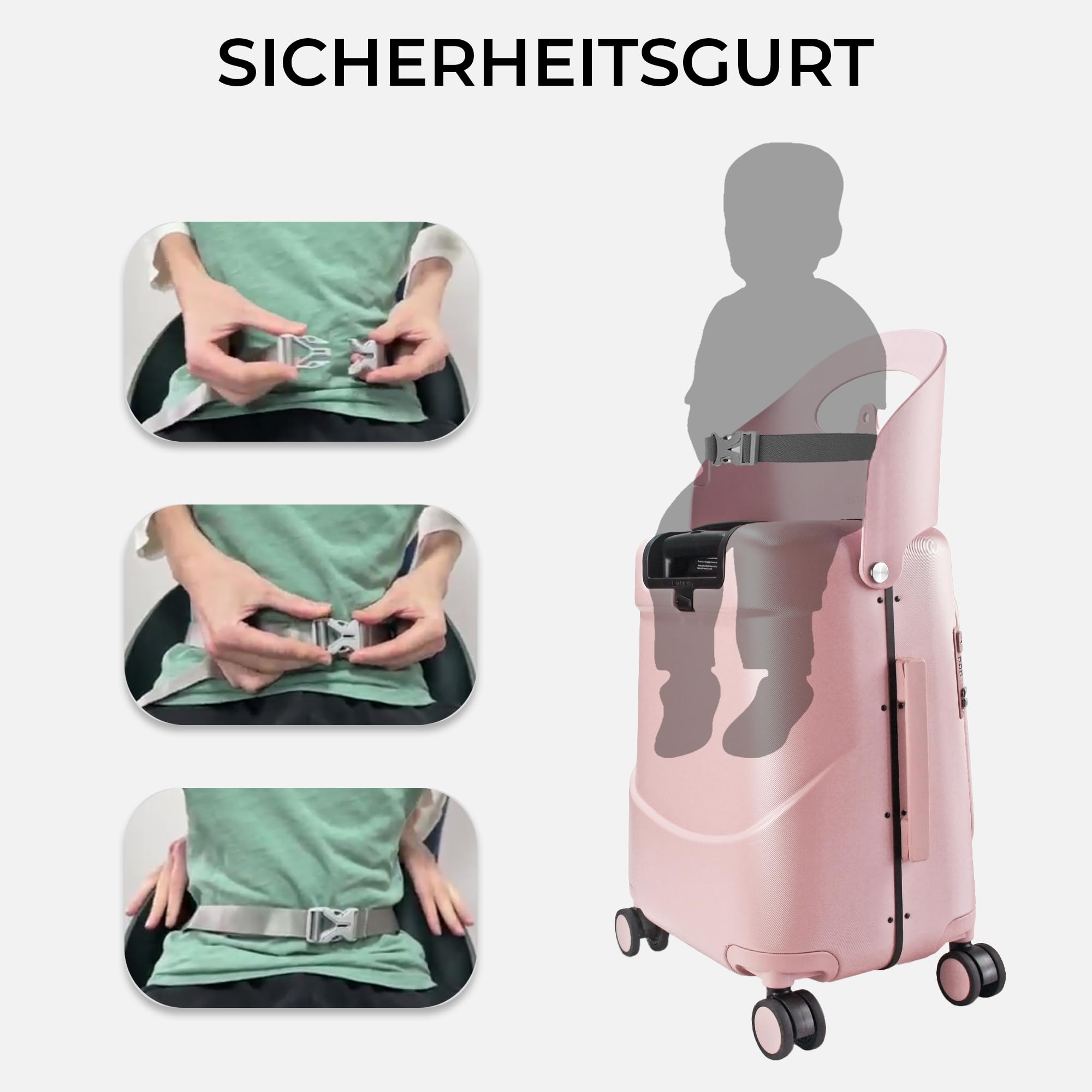 MiaMily Carry-On Plus Ride-On Koffer, Integrierter Sitz, Obenliegender Zugang, wasserdichte und Thermotasche, Radbremsen, TSA-Schloss, Dusty Pink