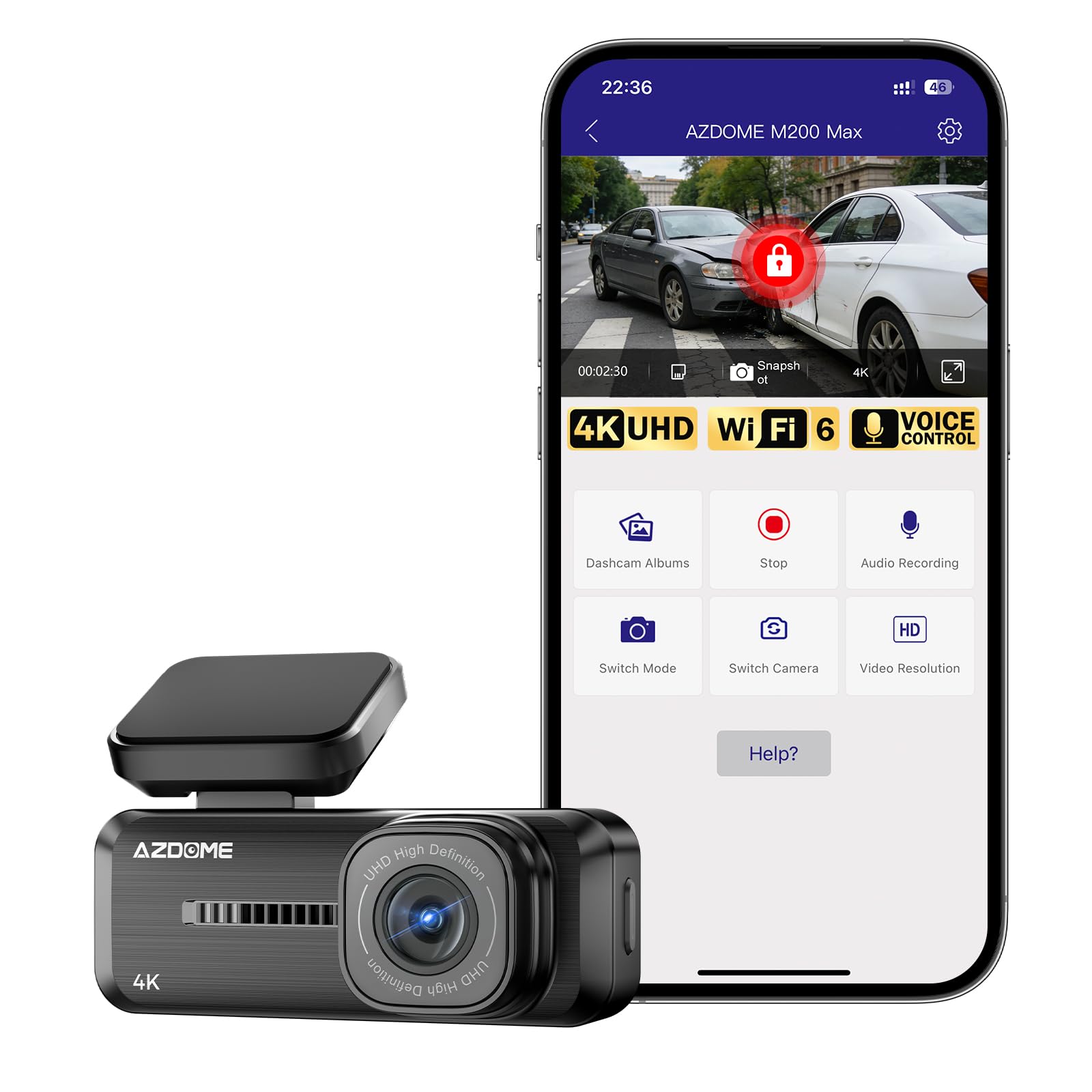 AZDOME 4K Dash Cam Front Voice Control Dash Camera for Cars WiFi 6 Mini Dashcam with APP Live