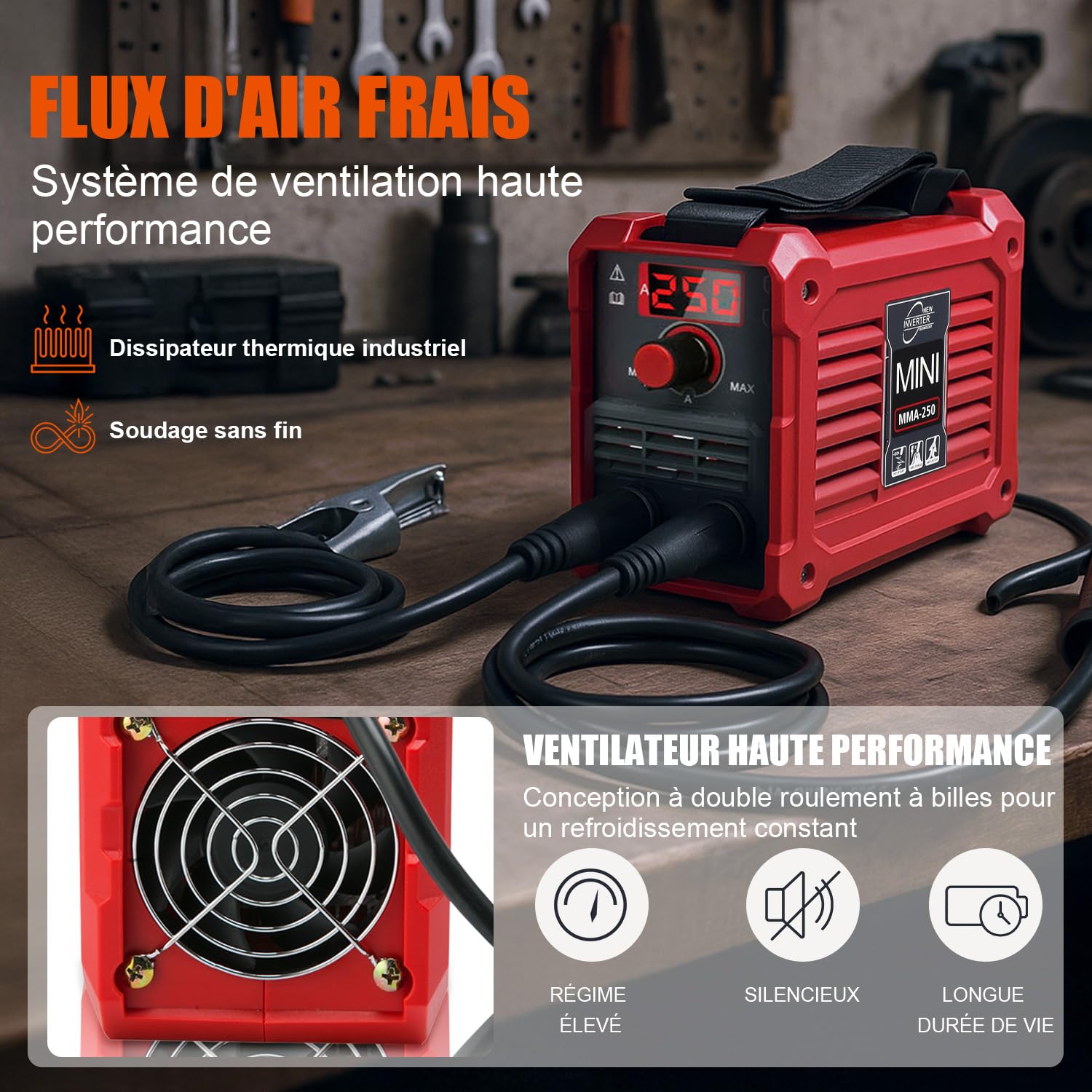 VOBOR Mini Poste a Souder Électrodes, Inverter Poste à Souder Fil Fourré avec Technologie IGBT, Affichage LED, Anti-Stick, Portable Station de Soudage, MMA 250