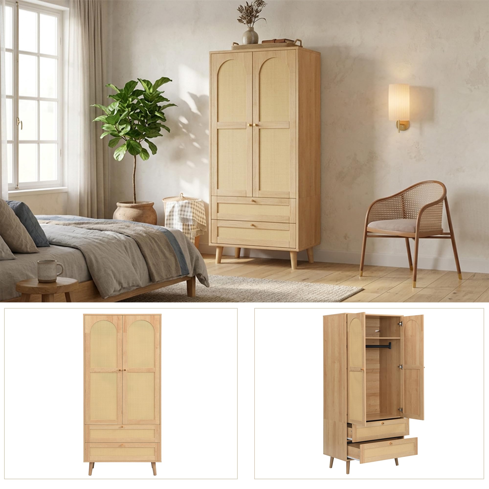 Armario de madera natural multiusos con diseño de ratán, barra para colgar ropa, estantes y 2 cajones, armario moderno para dormitorio, pasillo y vestidor