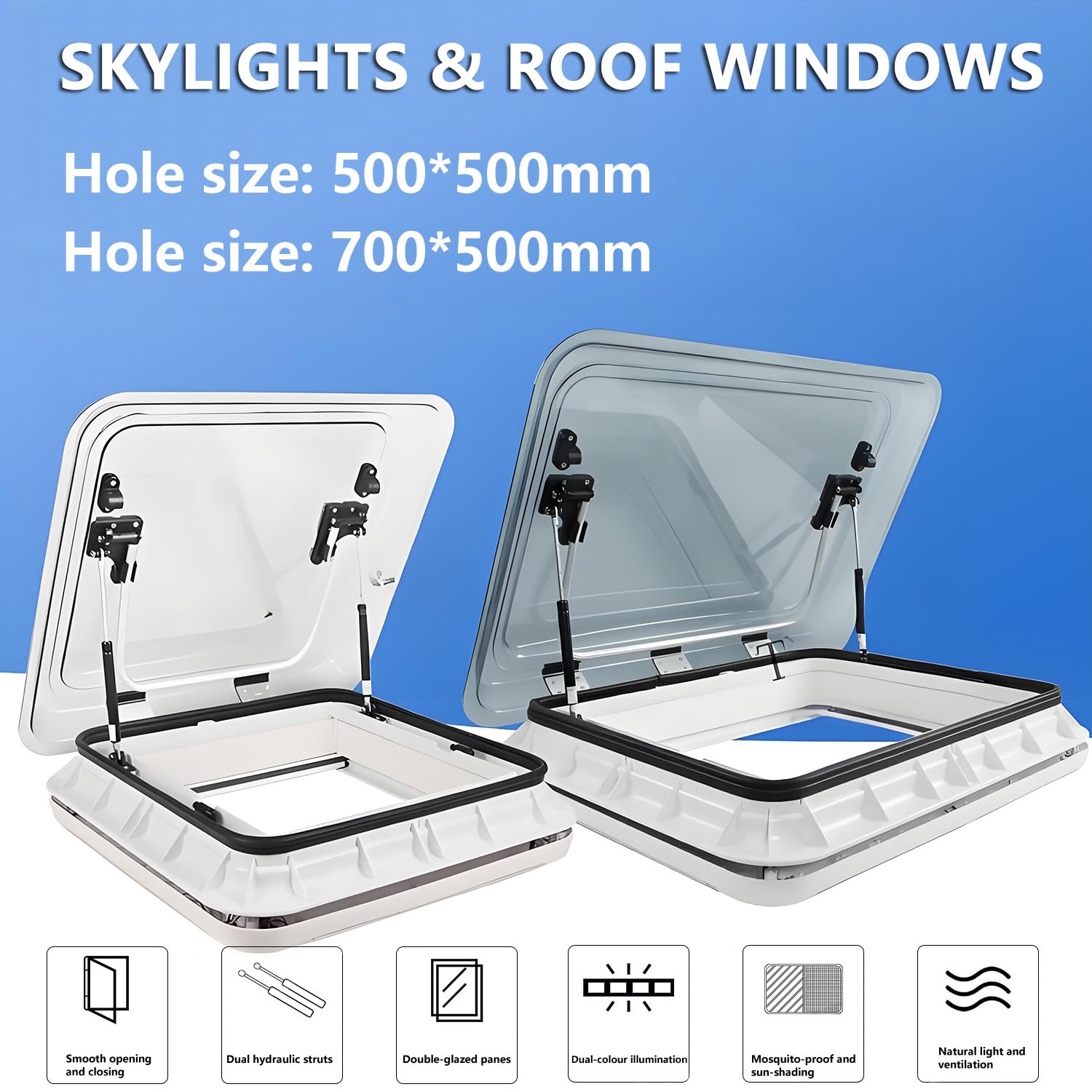 Claraboya para ventana de techo de autocaravana con parasol y mosquitera de 500 x 700 mm, 700 x 500 mm El parasol reflectante integrado reduce el calor, garantiza la privacidad, 70° White-700*500mm