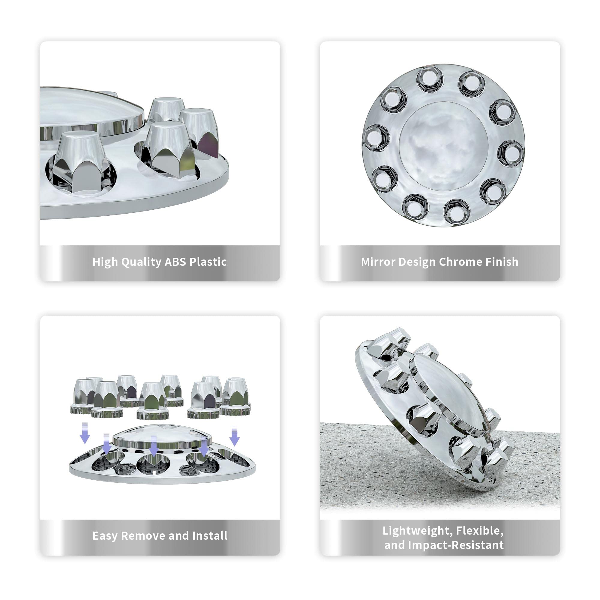 Front Axle Wheel Cover for Semi Truck Chrome ABS Plastic with 33mm Screw-On Dome Lug Nut Covers,2 Front Axle Wheel Covers Hubcap