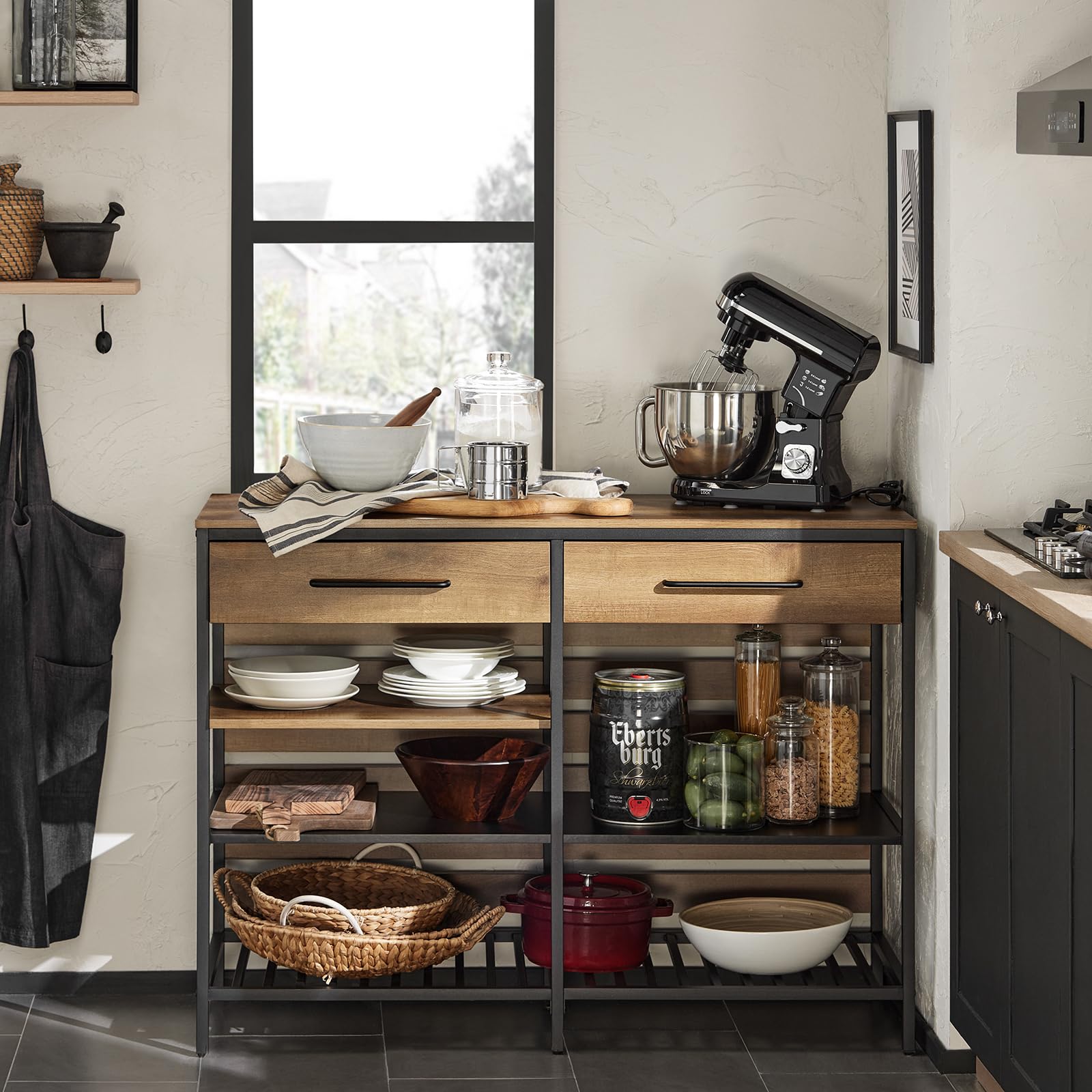 SoBuy Aparador de Cocina Industrial con Estantes Abiertos y Botellero Mueble de Cocina con Espacio para Microondas Mueble Auxiliar de Almacenaje para Salón Comedor Entrada 120x91x45cm Marrón FSB85-PF