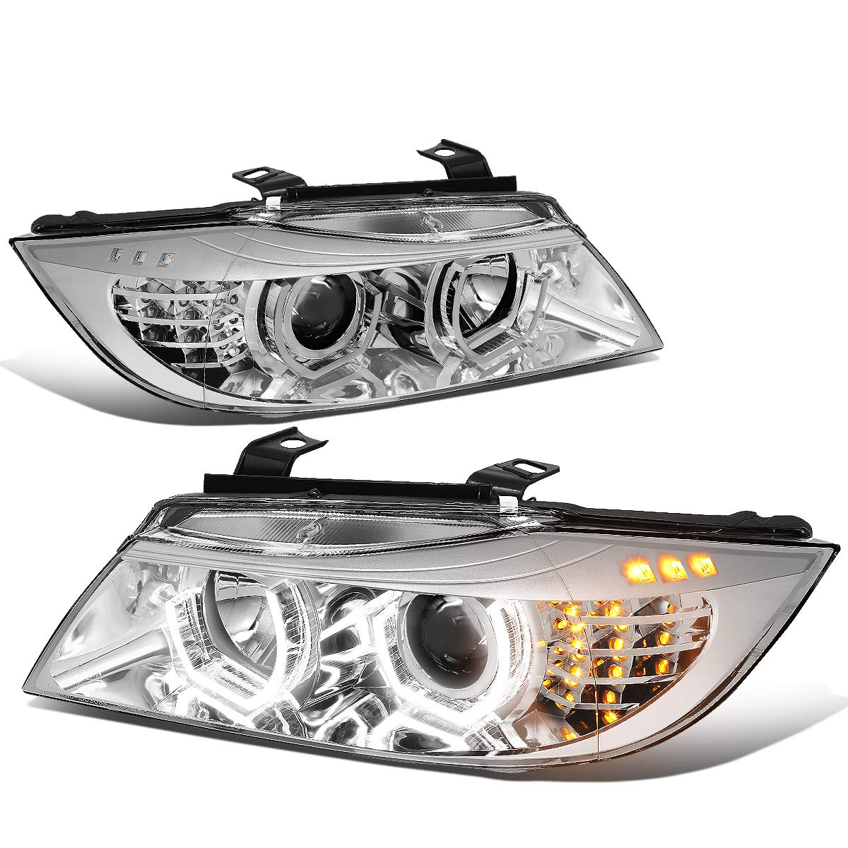 Auto Dynasty LED Halo Headlights Assembly Compatible with 2009-2012 BMW 3-Series 4-Dr Sedan, Driver and Passenger Side, 3D Crystal Gray Trim U-Halo, Projector Low Beam, LED Turn Signal, Chrome Housing