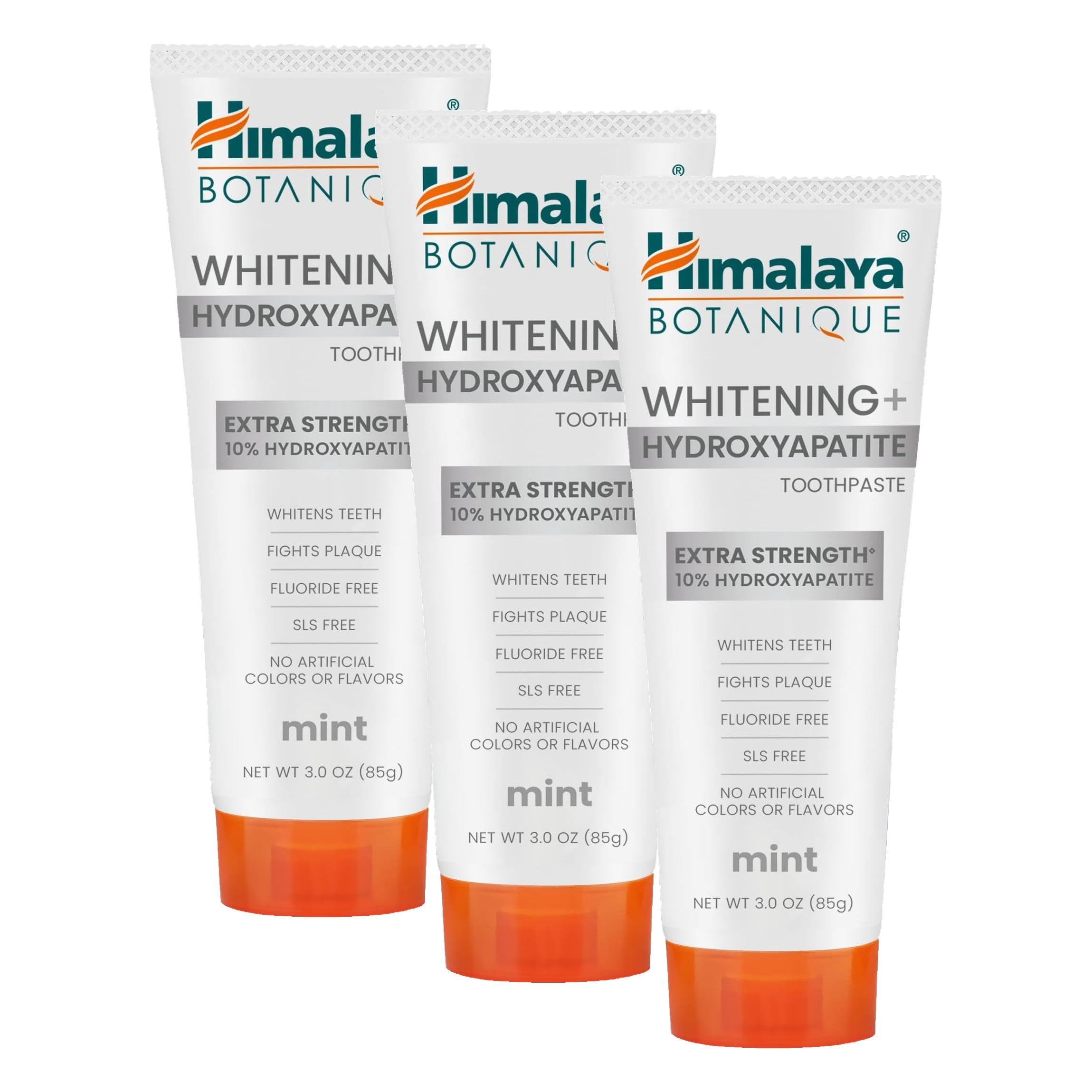 Himalaya Botanique Whitening+ Hydroxyapatite Pasta de Dientes, 10% Hidroxiapatita (HA), Menta, sin Flúor, Remineralización desde el Día 7, Vegana, sin Gluten, 85g (Paquete de 3)