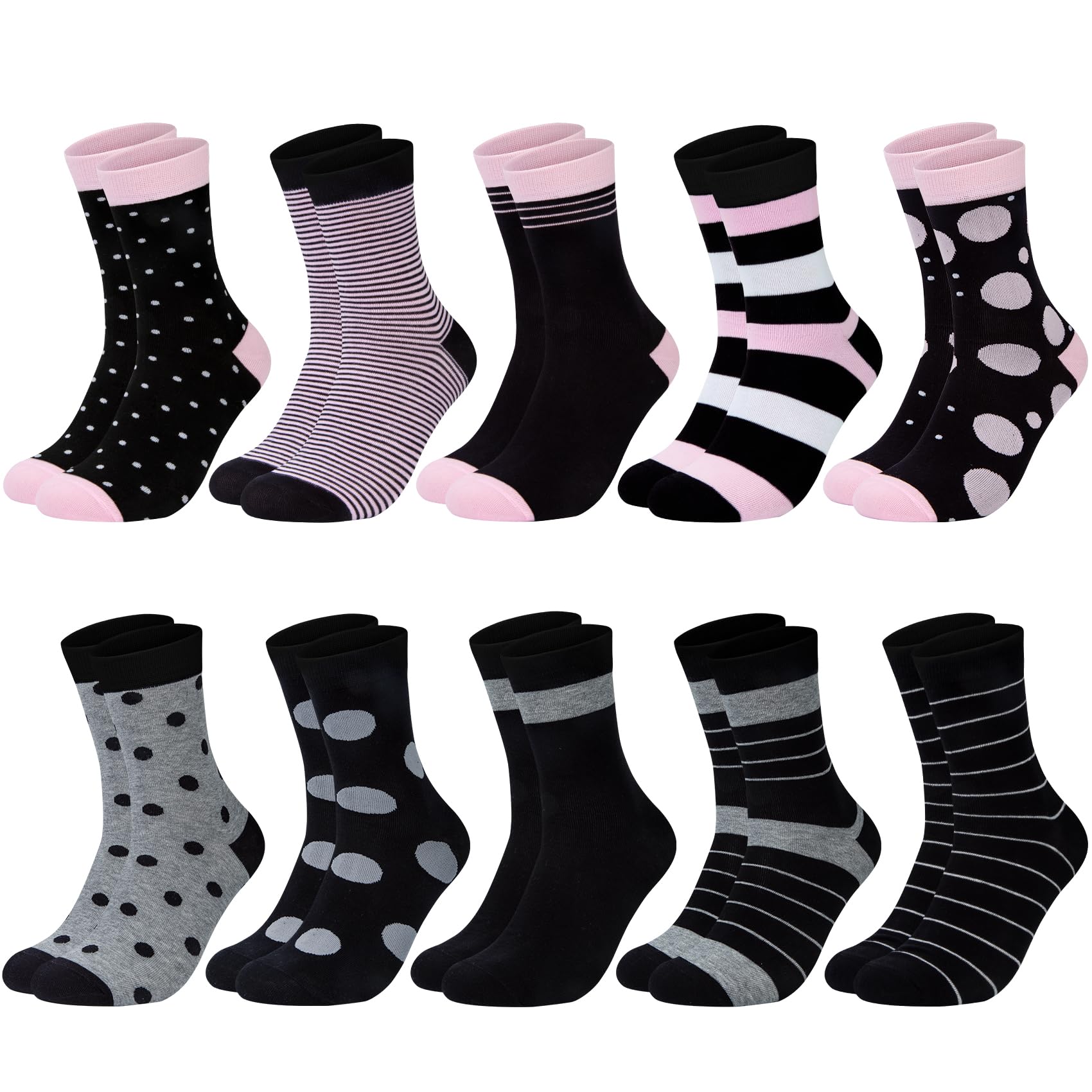 Chalier Cozy 10 Paar Damen Socken Baumwolle mit bunten Streifen, Punkte und Herzen - Bequeme Alltagssocken, ideale Geschenke für Frauen. Einheitsgröße