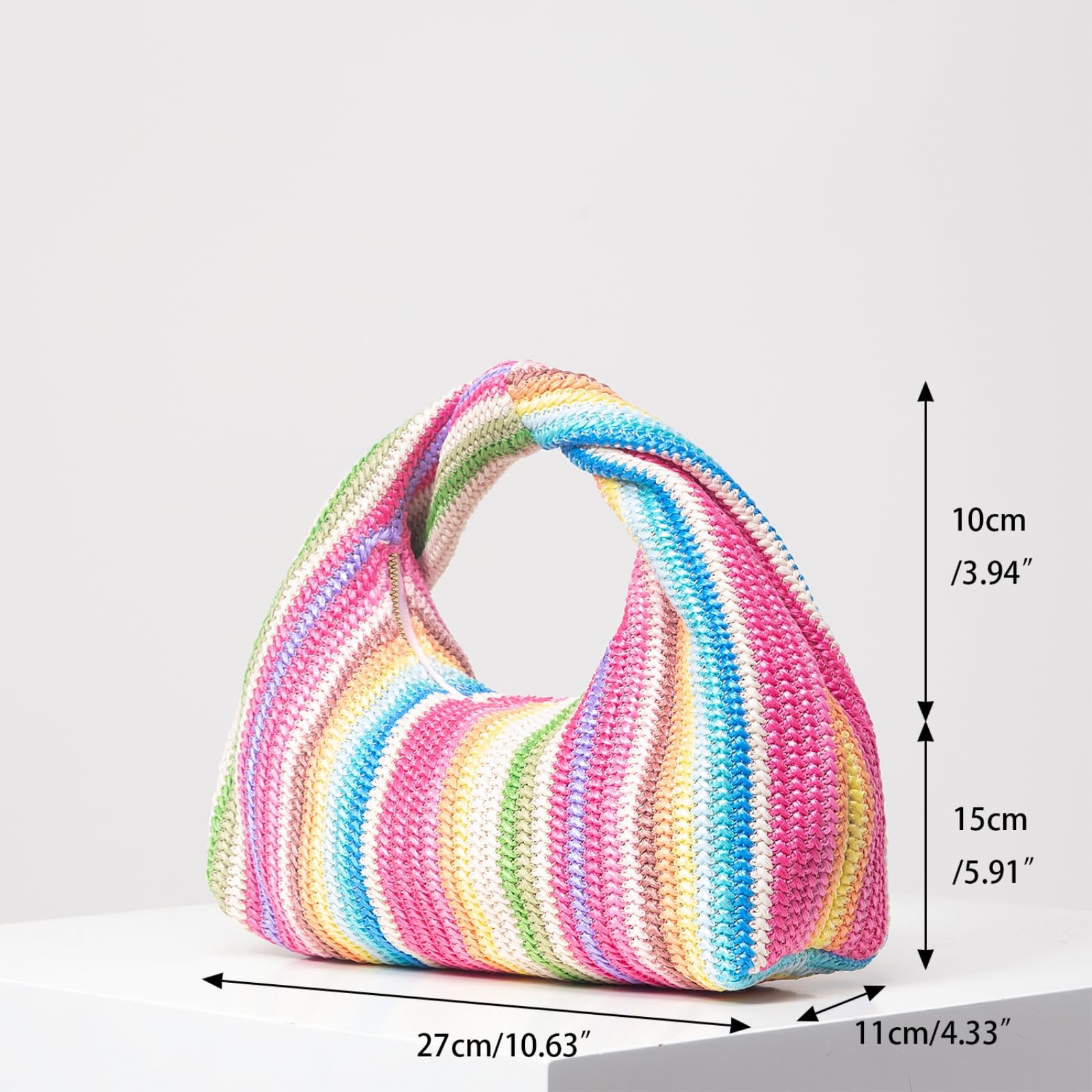 Borsa Spalla Paglia Rainbowhand-Woven, A Mini Maniglia Knotted-Top per Le Vacanze sulla Spiaggia E Escursioni Casual-Multi