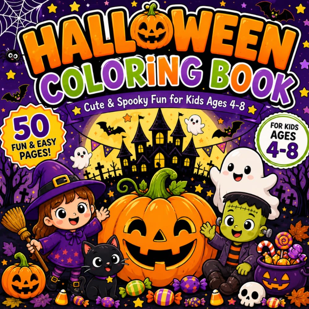Halloween Coloring Book Fun & Easy Ghosts, Pumpkins, Witches, Monsters: Cute & Spooky gift for Kids Ages 4–8 bold and Adorable Halloween 50 Coloring Pages