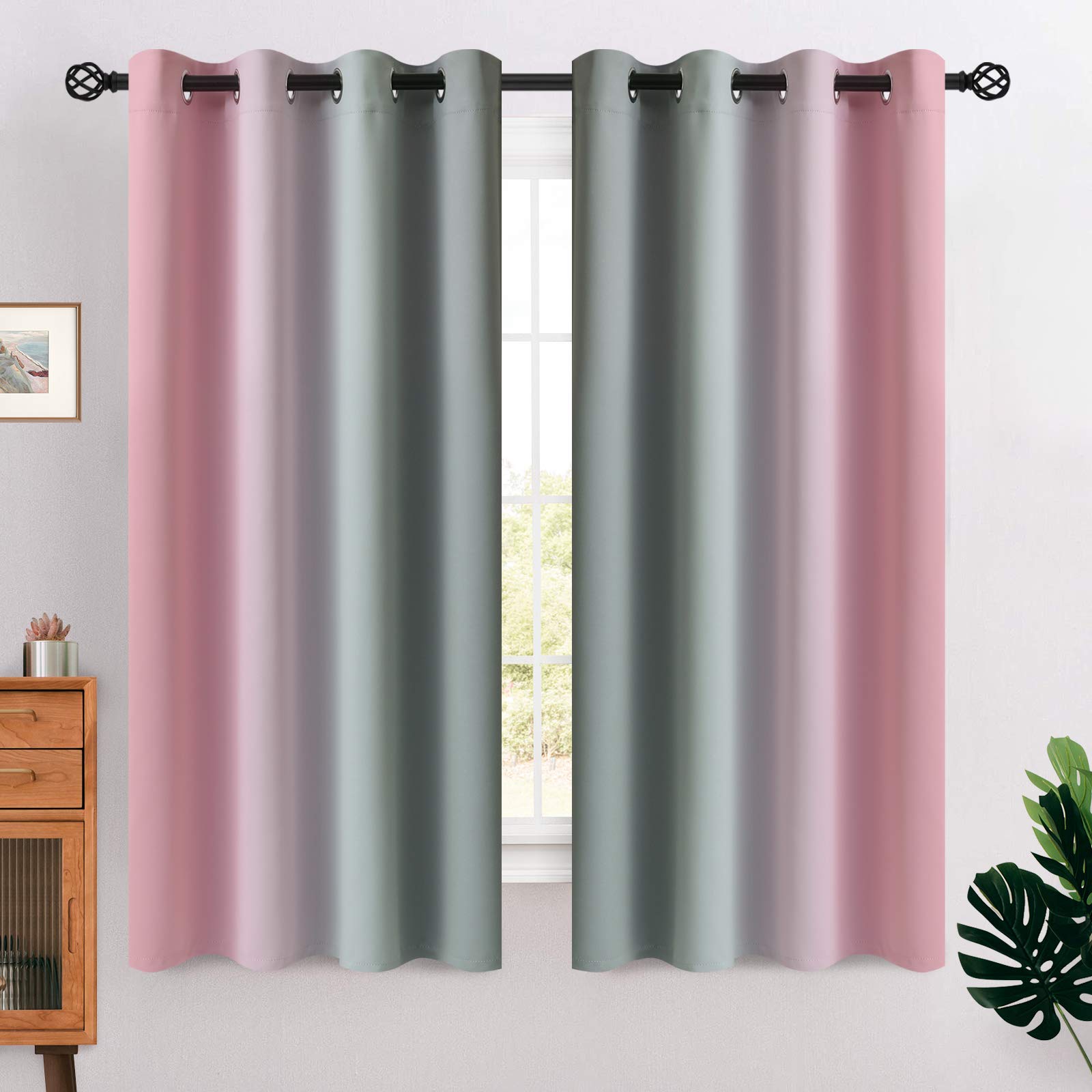 cosviya grommet ombre room darkening curtains 63 inches length for kids/girls bedroom, polyester light blocking pink and grey gradient window drapes/curtains for living room,2 panels, 52x63 inches