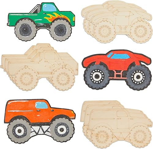 Bright Creations Autos de madera para pintar, 24 piezas, 4.6 x 3 pulgadas, 0.1 pulgadas de grosor, recortes de madera de camión monstruo para