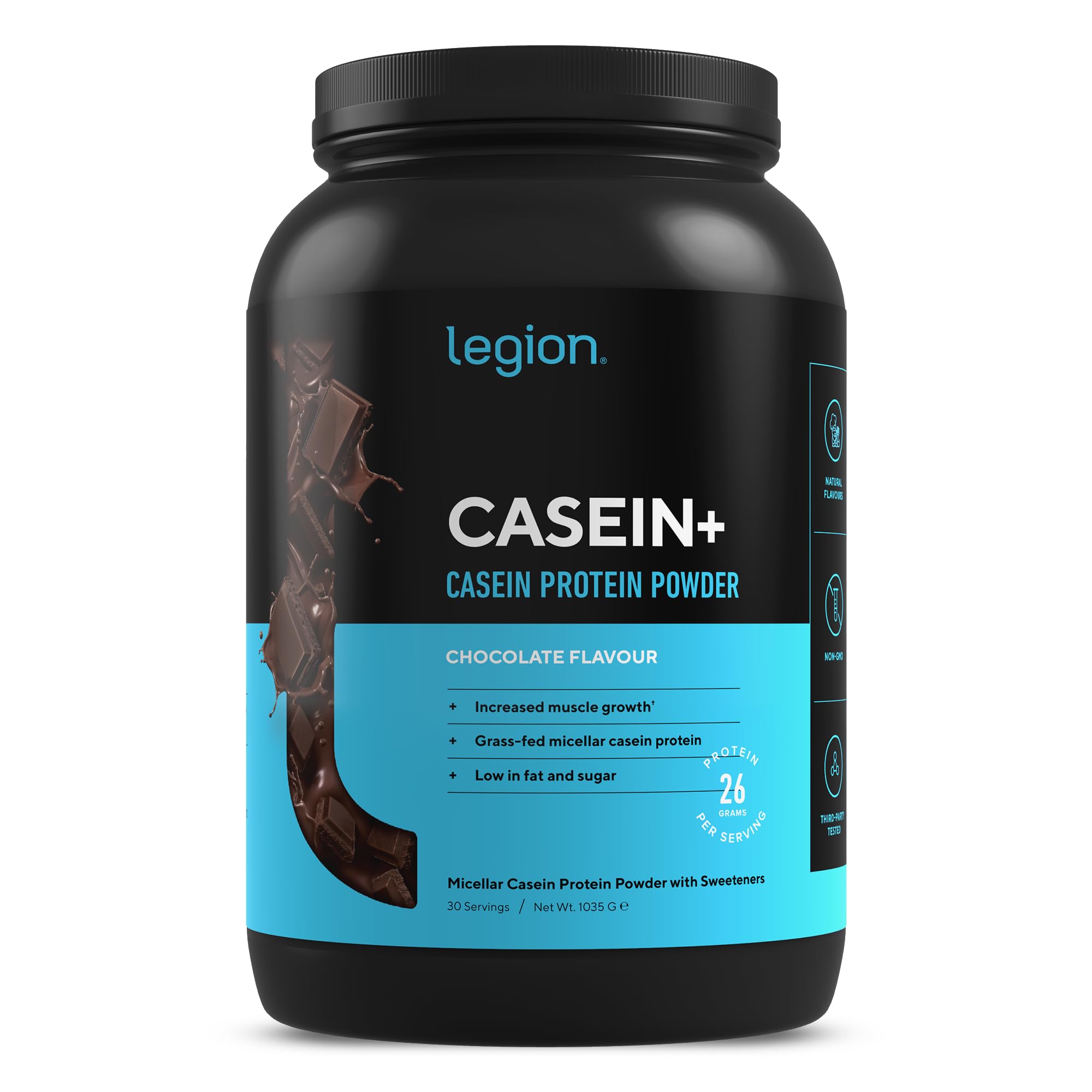 Legion Casein+ Chocolate Pure Micellar Casein Protein Powder- Non-GMO Grass Fed Cow Milk, Natural Flavors & Stevia, Low Carb, Keto Friendly - Best Pre Sleep (PM) Slow Release Muscle Recovery Drink 2lb
