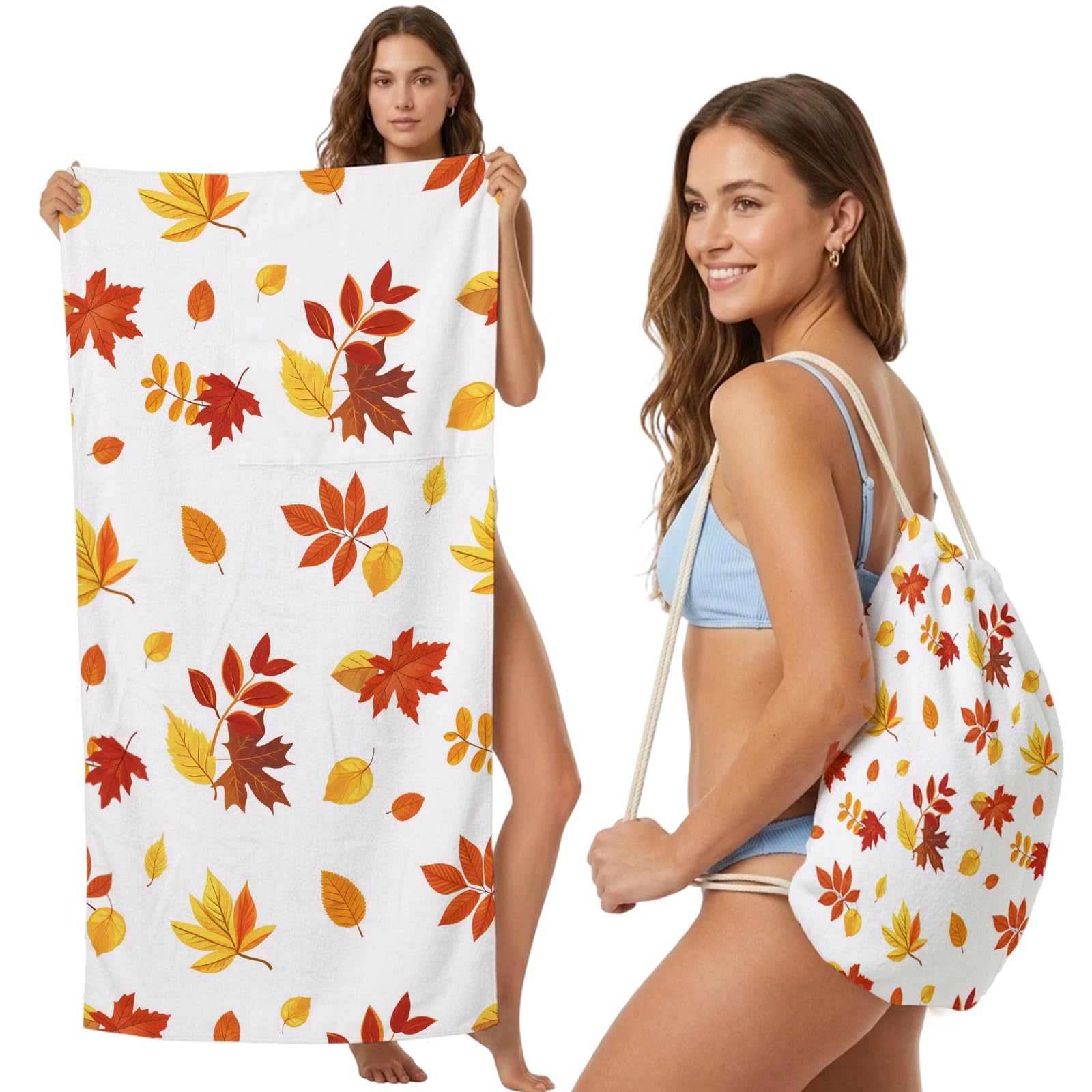 FWJZDSP 2-in-1 Beach Towel Backpack,Farm Thanksgiving Maple Leaf Bath Towel with Built-in Storage Autumn Plant Convertible Foldable Beach Blanket for Travel Pool Gym Camping Swim,31x63in
