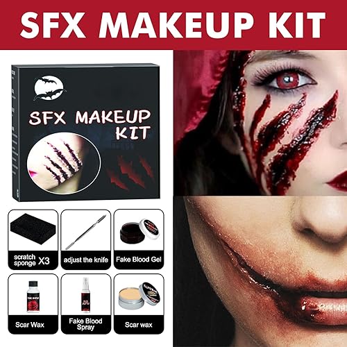 Miniatura 2 de SOVONCARE Scar Wax SFX - Kit de maquillaje en aerosol de sangre falsa de Halloween, kit de maquillaje de efectos especiales, 3 esponjas de punteo,
