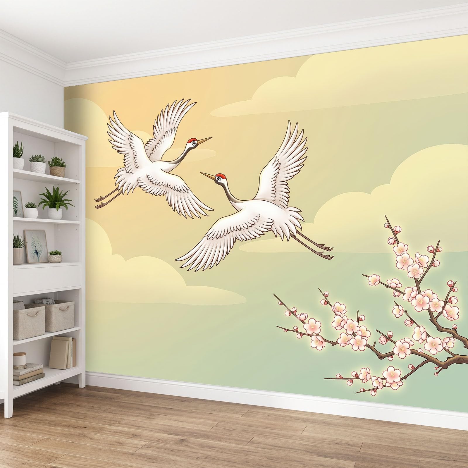 Carta da parati fotografica in tessuto non tessuto, 500 x 280 cm, illustrazione acquerello orientale, carta da parati panoramica di alta qualità, per soggiorno e camera da letto, gru coronata fiore